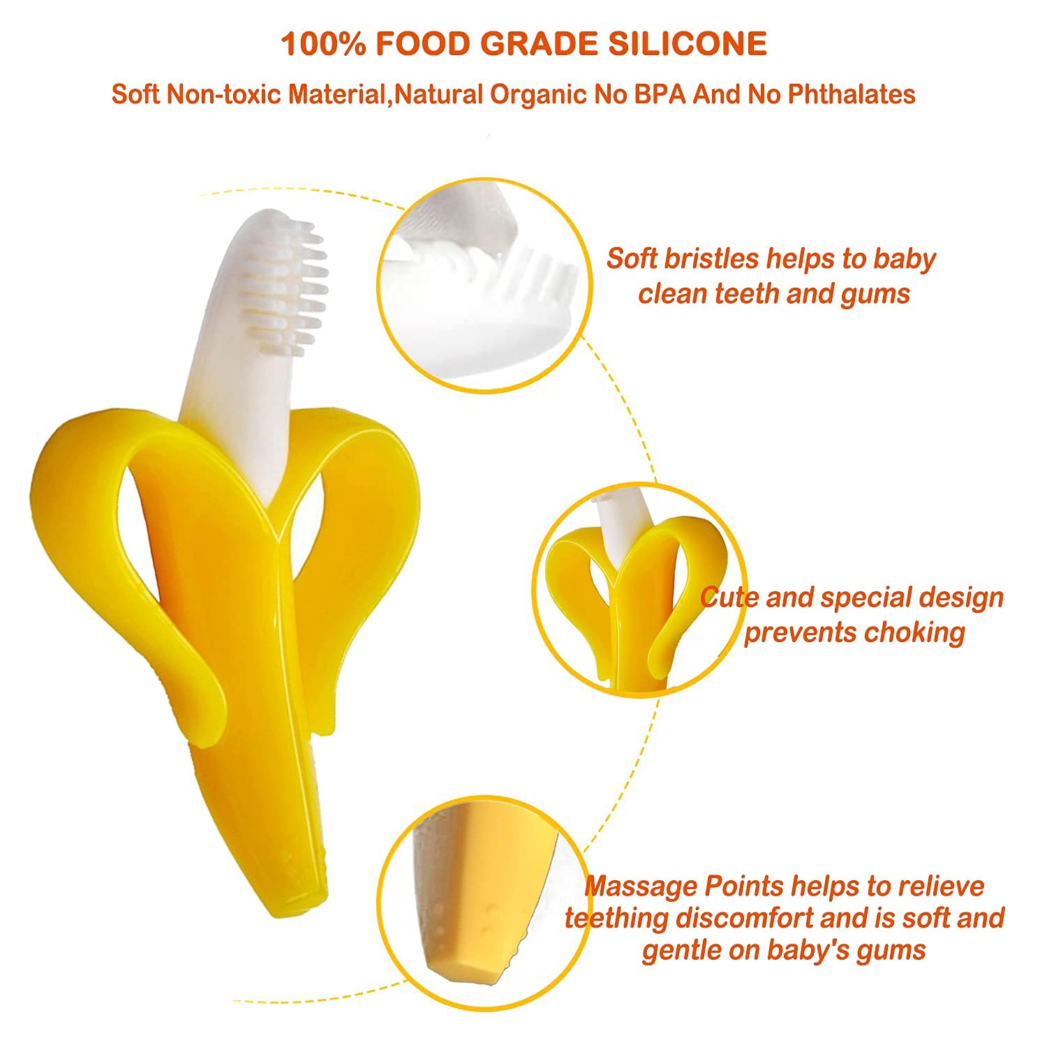 Syga Baby Banana Training Toothbrush and Teether - Soft Silicone Infant Toothbrush for Teething Babies (Yellow) | Perfect for Soothing Sore Gums & Early Dental Care
