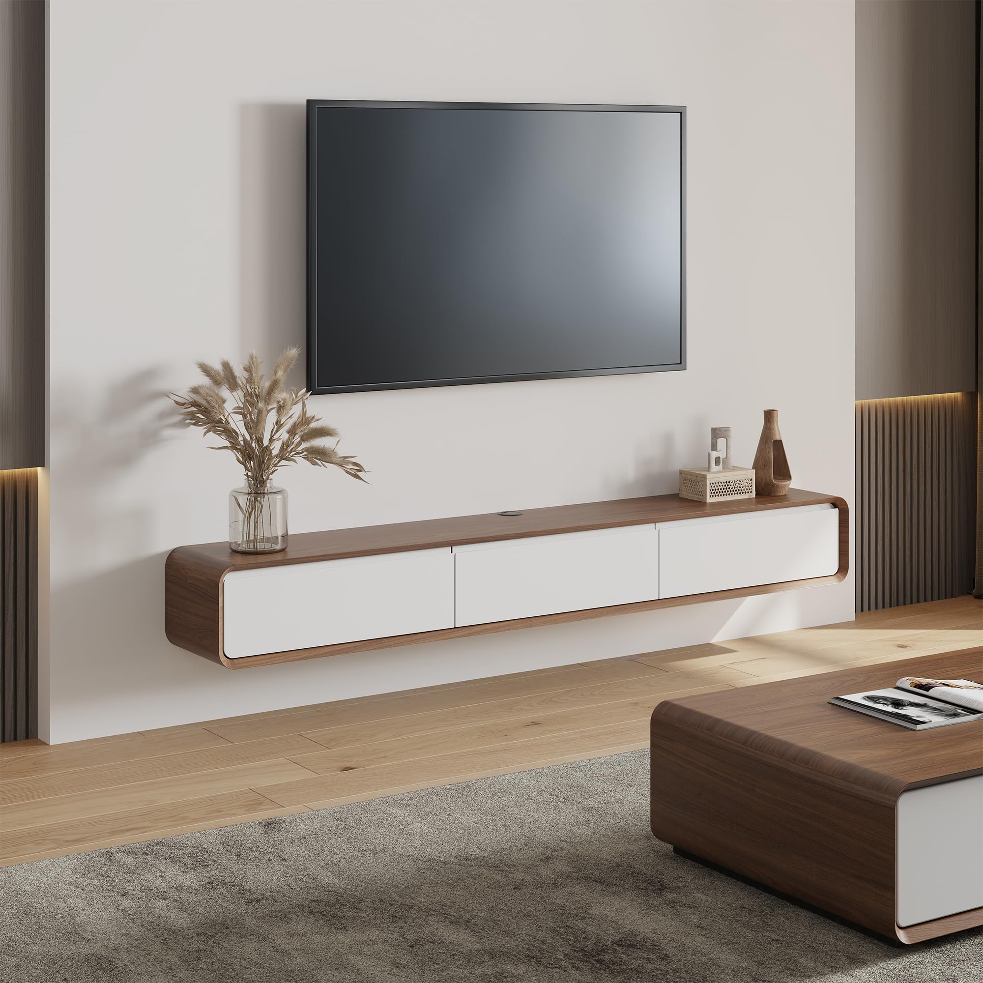 Modern Floating TV Stand with 3 Drawers - Solid Wood Walnut Veneer & White Wall-Mounted Entertainment Center (78