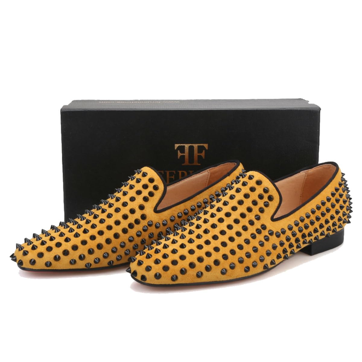 FERUCCI Men's Gold Yellow Velvet Loafers with Black Spikes & Rivets - Comfortable Slip-On Dress Shoes for Wedding, Prom, Party & Formal Occasions