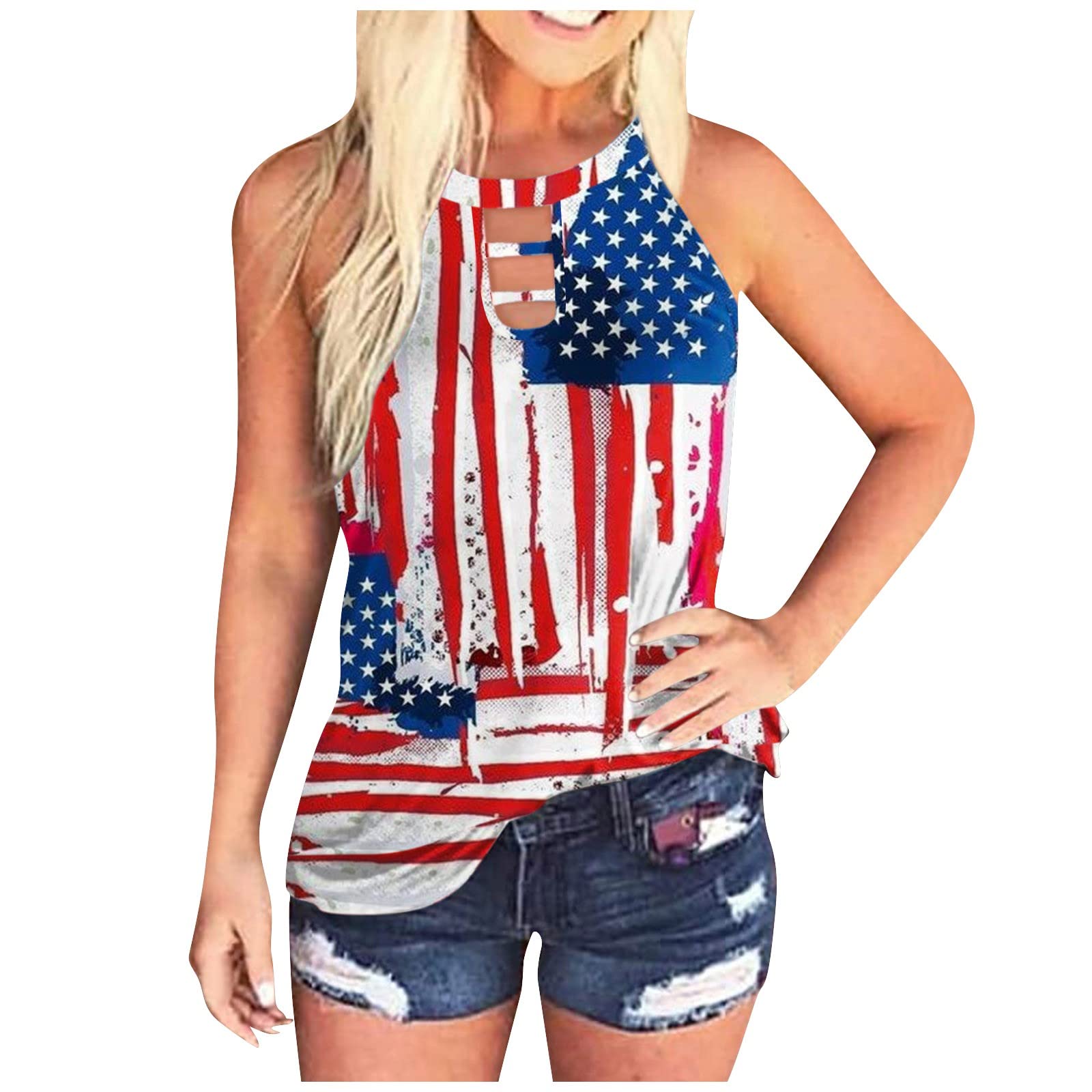 BISXOTY Women's Loose Fit Flowy Tank Tops - American Flag Print Cut Out Vest Shirts for Summer, Beach, Holidays & Casual Wear | Breathable Comfortable Holiday T-Shirts for Women