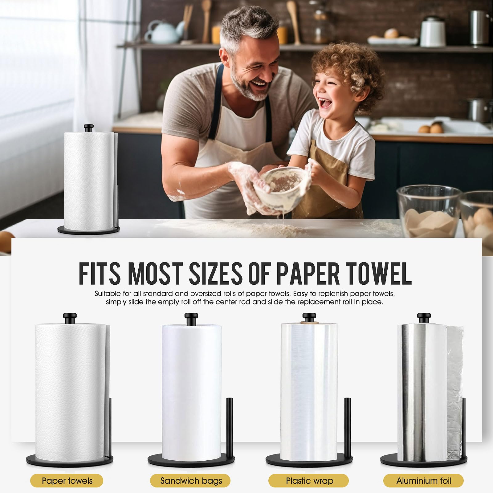 Heavy Duty Black Paper Towel Holder - Sturdy Countertop Paper Towel Roll Stand for Kitchen, Bathroom & Office | Perfect for Easy Access & Space Saving Organization