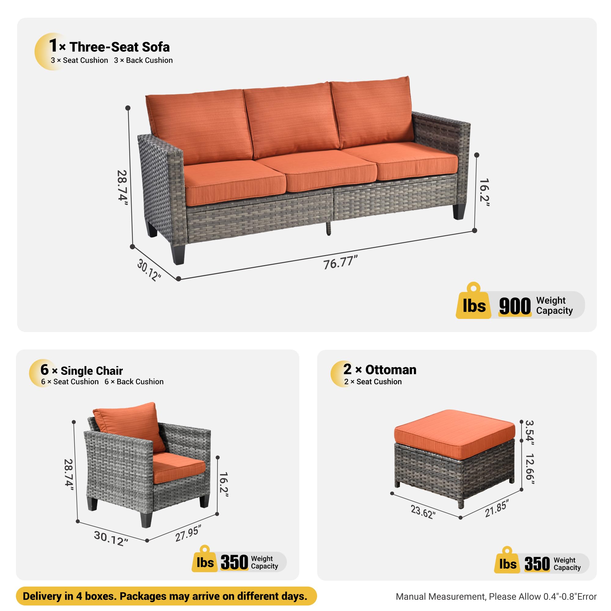 Premium 9-Piece Outdoor Patio Furniture Set - All-Weather Wicker Rattan Sofa with 6 Chairs, Ottomans & Cushions - High Back Conversation Set for Garden, Backyard, Poolside (Orange Red) - Perfect for Relaxing & Entertaining Guests