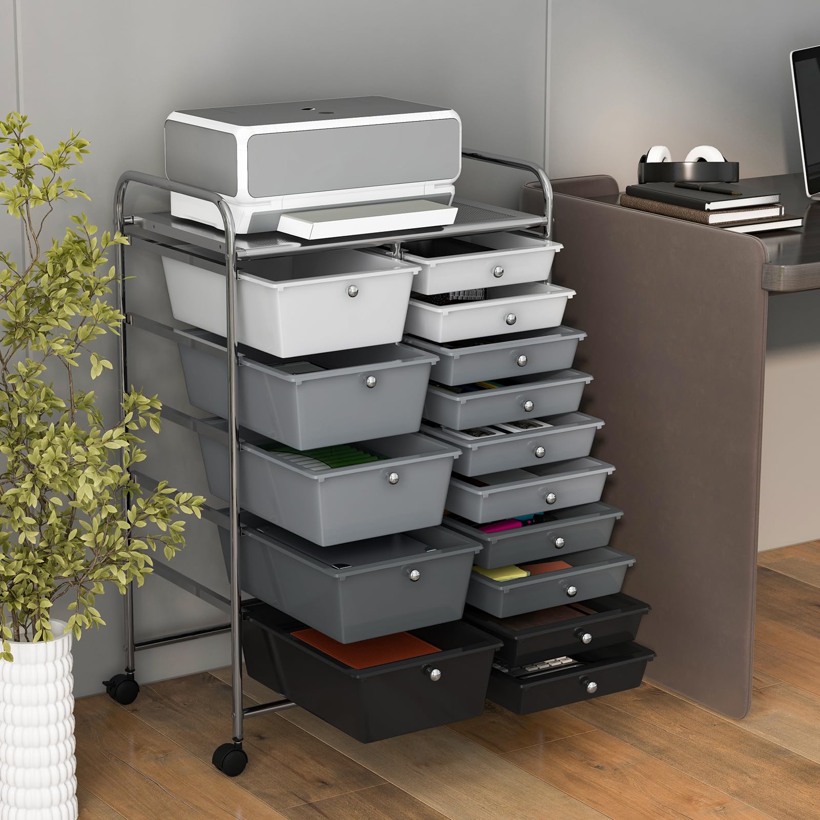 15-Drawer Rolling Storage Cart with Lockable Wheels - 2-Sized Removable Drawers, Mobile Organizer for Art Supplies, Crafts, Files & Scrapbooking - Perfect for School, Home & Office Organization (Mixed-Black)