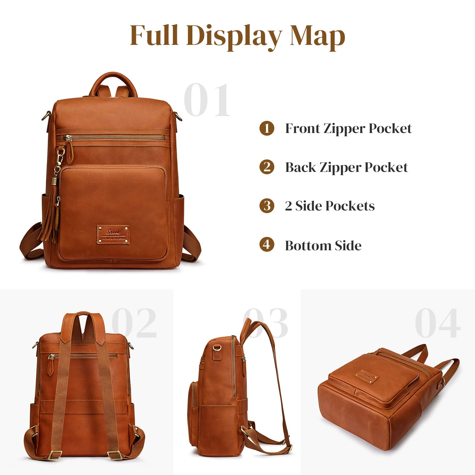Genuine Leather Women's Backpack Purse - Vintage Fashion Shoulder Bag with Tassel & Luggage Sleeve - Travel Rucksack Daypack for Work, College & Weekend Outings - Cognac Brown