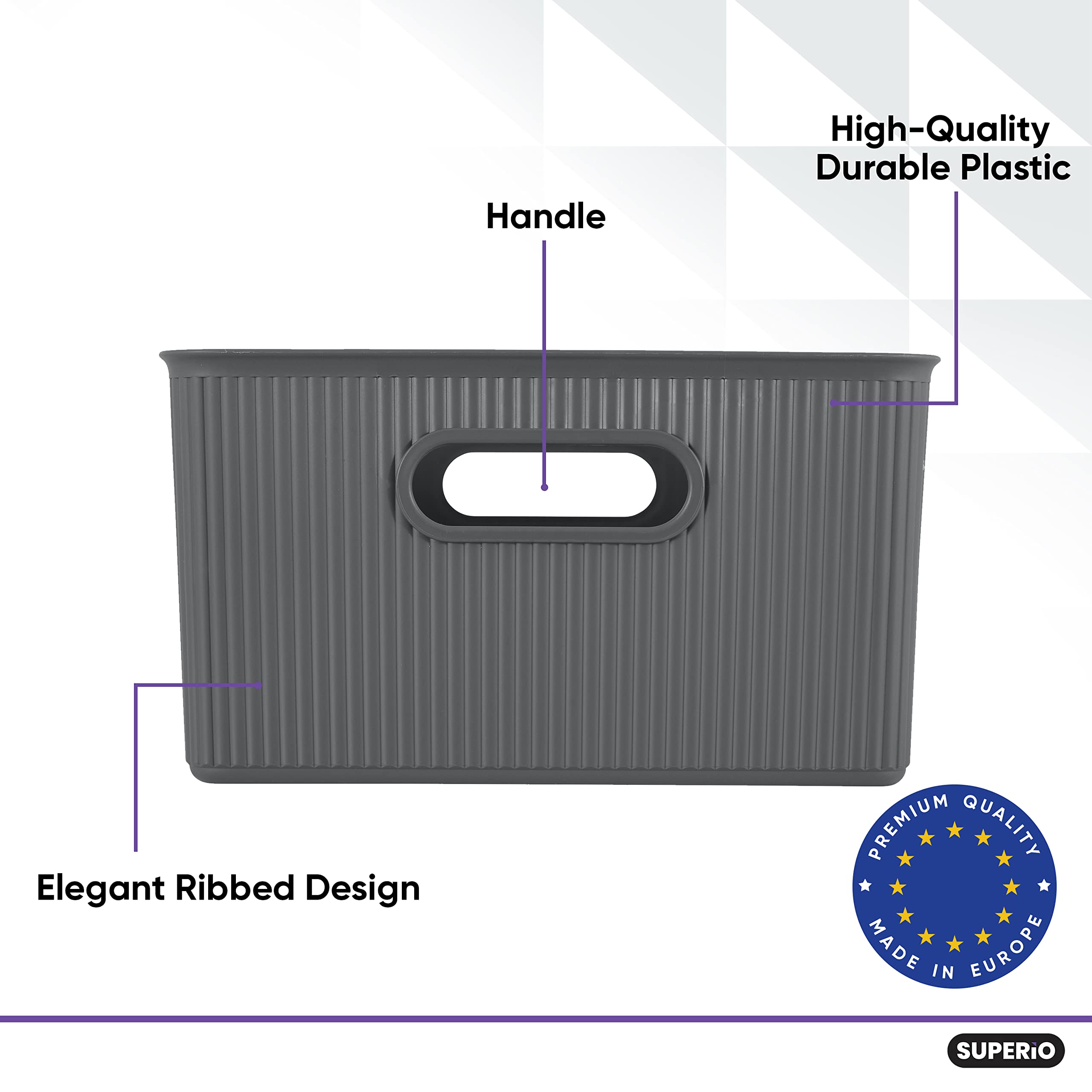 Superio Ribbed Collection - Decorative Plastic Storage Bins with Lids, Large Grey (15L) - Stackable Organizer Baskets for Closet, Shelf, Drawer & Home Organization - Perfect for Bedroom, Bathroom & Office Storage