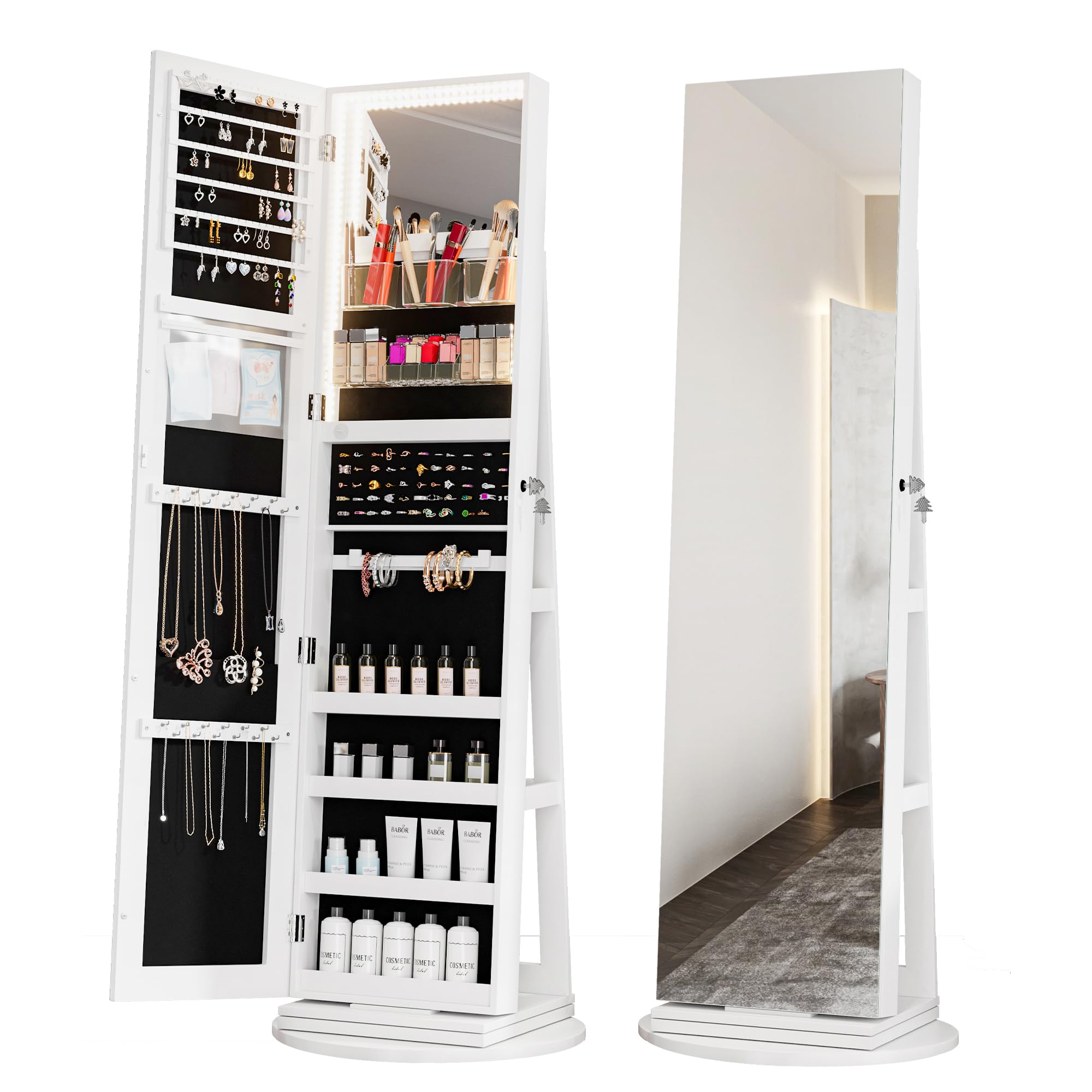Full Length Mirror Jewelry Armoire with LED Lights - Lockable Standing Jewelry Cabinet with 360° Swivel Mirror, Jewelry Storage Organizer for Women & Girls (Perfect for Bedroom, Dressing Room & Gift Giving)