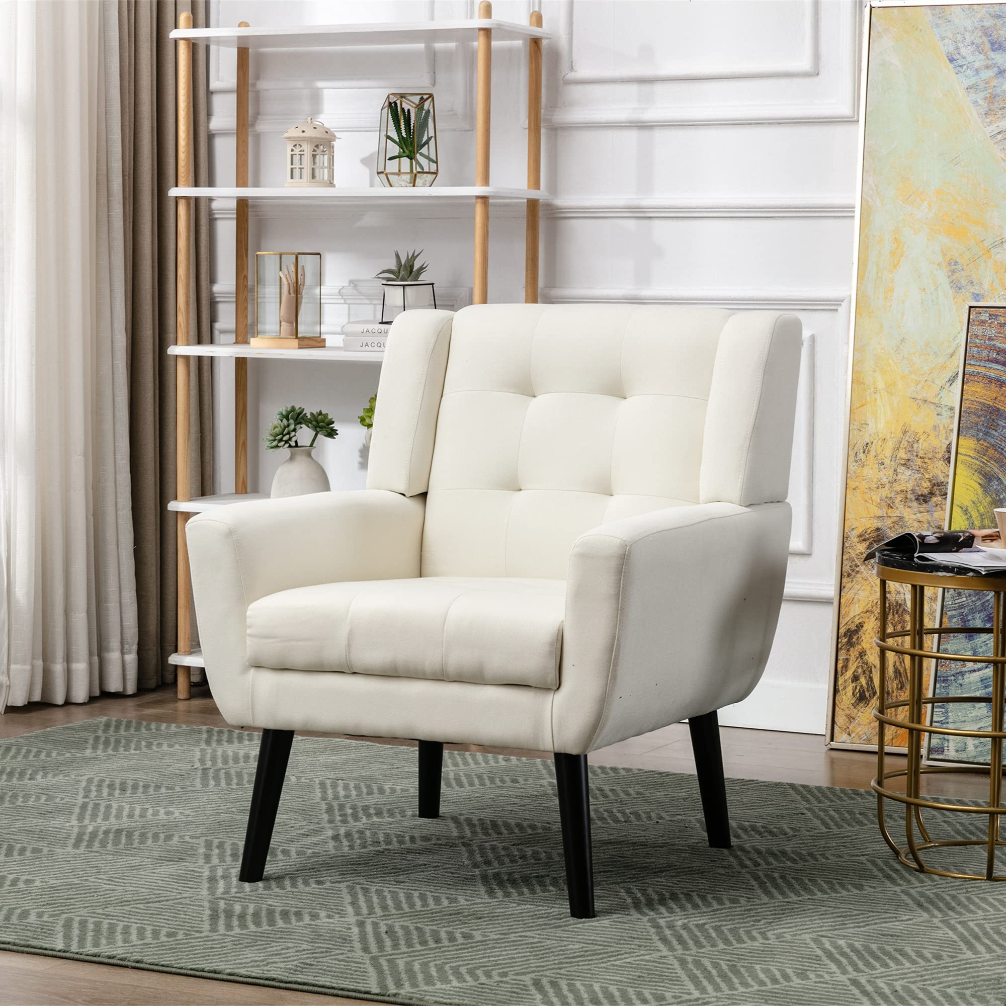 Modern Soft Linen Ergonomic Accent Chair - Comfortable Living Room & Bedroom Chair with Sturdy Black Legs - Perfect for Home Office, Reading Nook, or Cozy Corner - Beige Indoor Furniture