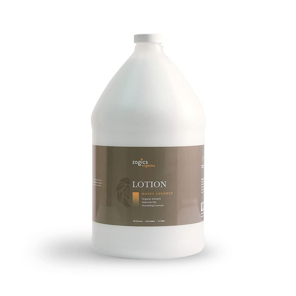 Zogics Organic Hydrating Body Lotion for Women & Men - Essential Oil Infused Moisturizer with Honey Coconut Scent | Refillable 1 Gallon Size | Perfect for Daily Skincare, Spa Treatments & Gift Sets