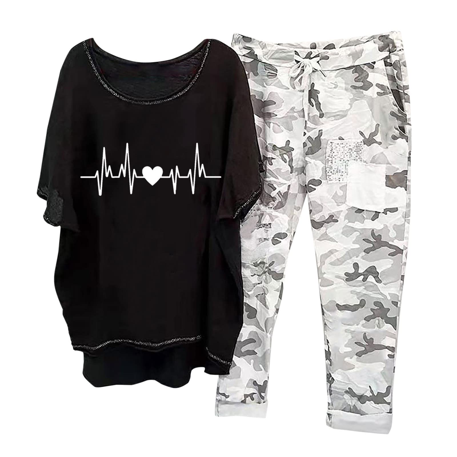 QACKNE Women's 2-Piece Linen Outfit Set - Casual Plus Size Matching Short Sleeve Top & Camo Capri Pants | Summer Lounge Wear for Home, Travel & Outdoor Activities