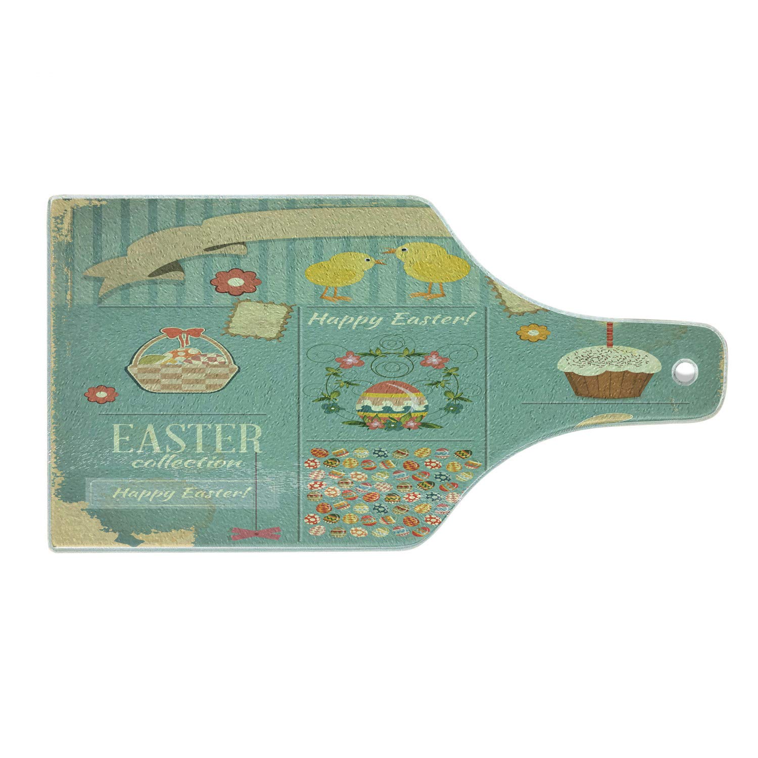 Ambesonne Easter Themed Rabbit Cutting Board - Decorative Tempered Glass Serving Board with Ornamental Eggs, Cupcake & Basket Design - Spring Season Kitchen Decor - Perfect for Easter Parties, Wine Serving & Holiday Entertaining