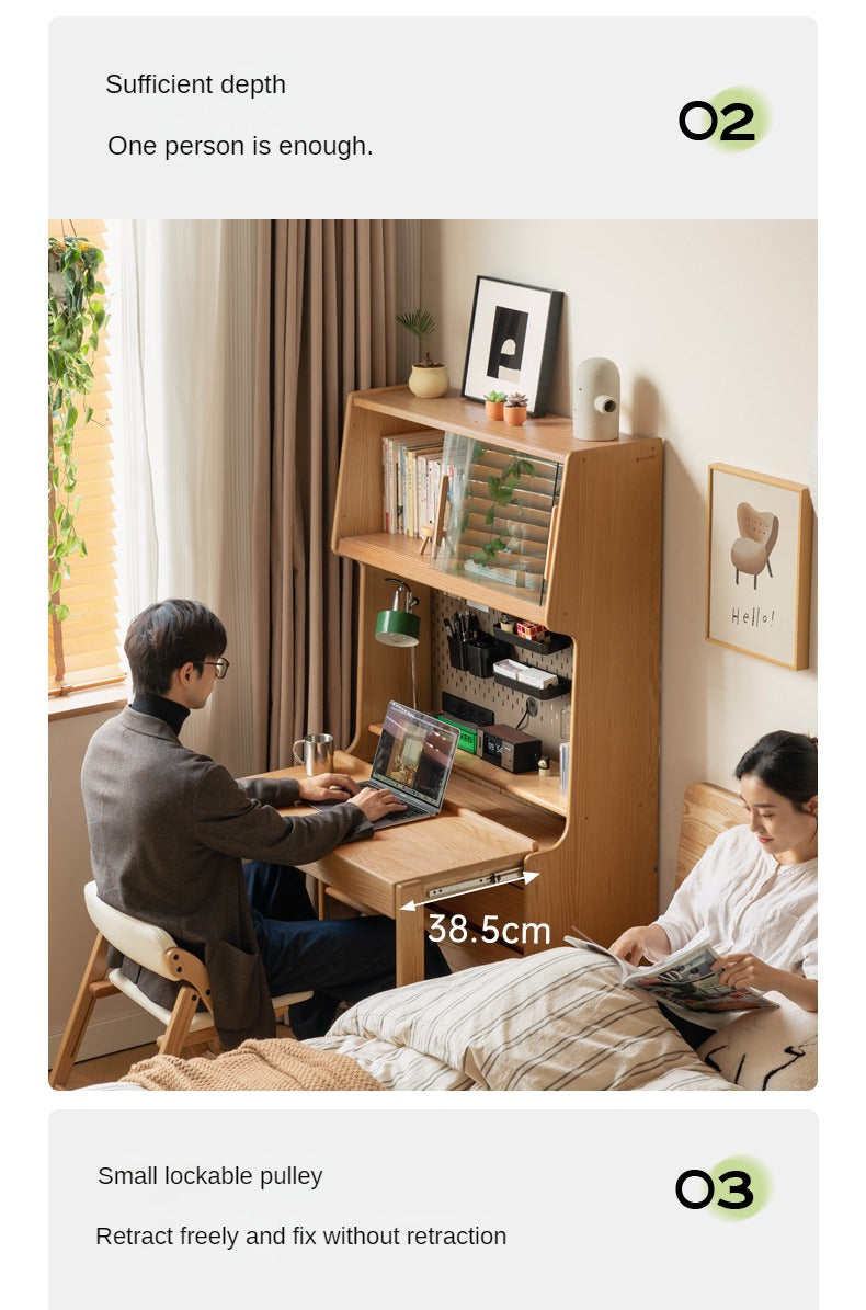 Solid Oak Wood Modern Retractable Desk with Integrated Bookcase - Home Office, Study Room, and Workspace Solution