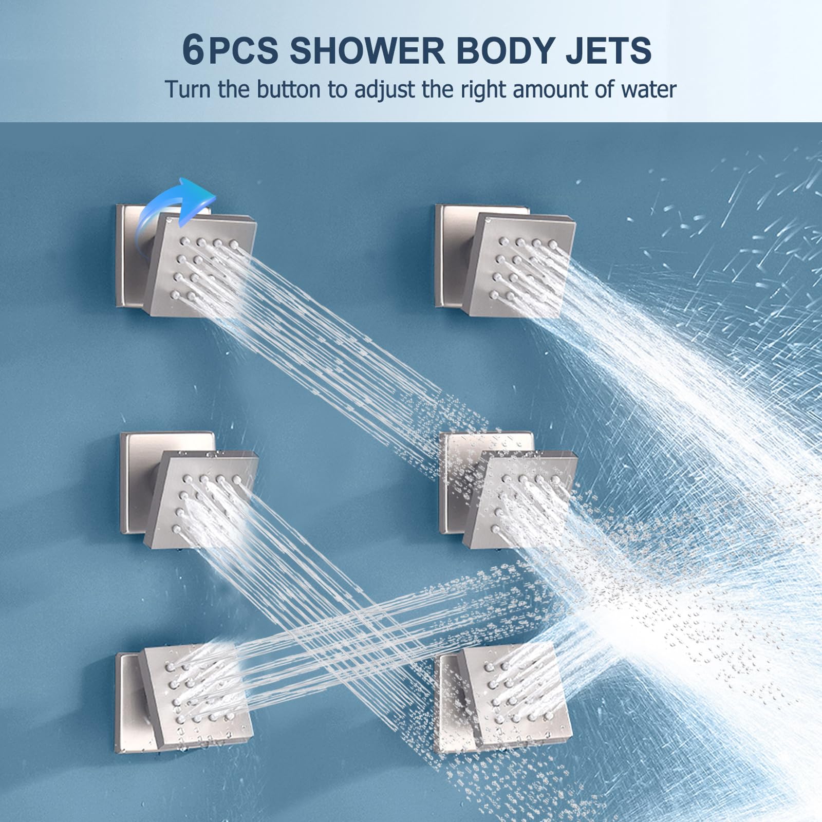 6PCS Square Shower Body Jet Spray with On/Off Flow Control - Brass Head Spa Massage Wall Mounted Shower Jets in Brushed Nickel for Bathroom Relaxation & Hydrotherapy