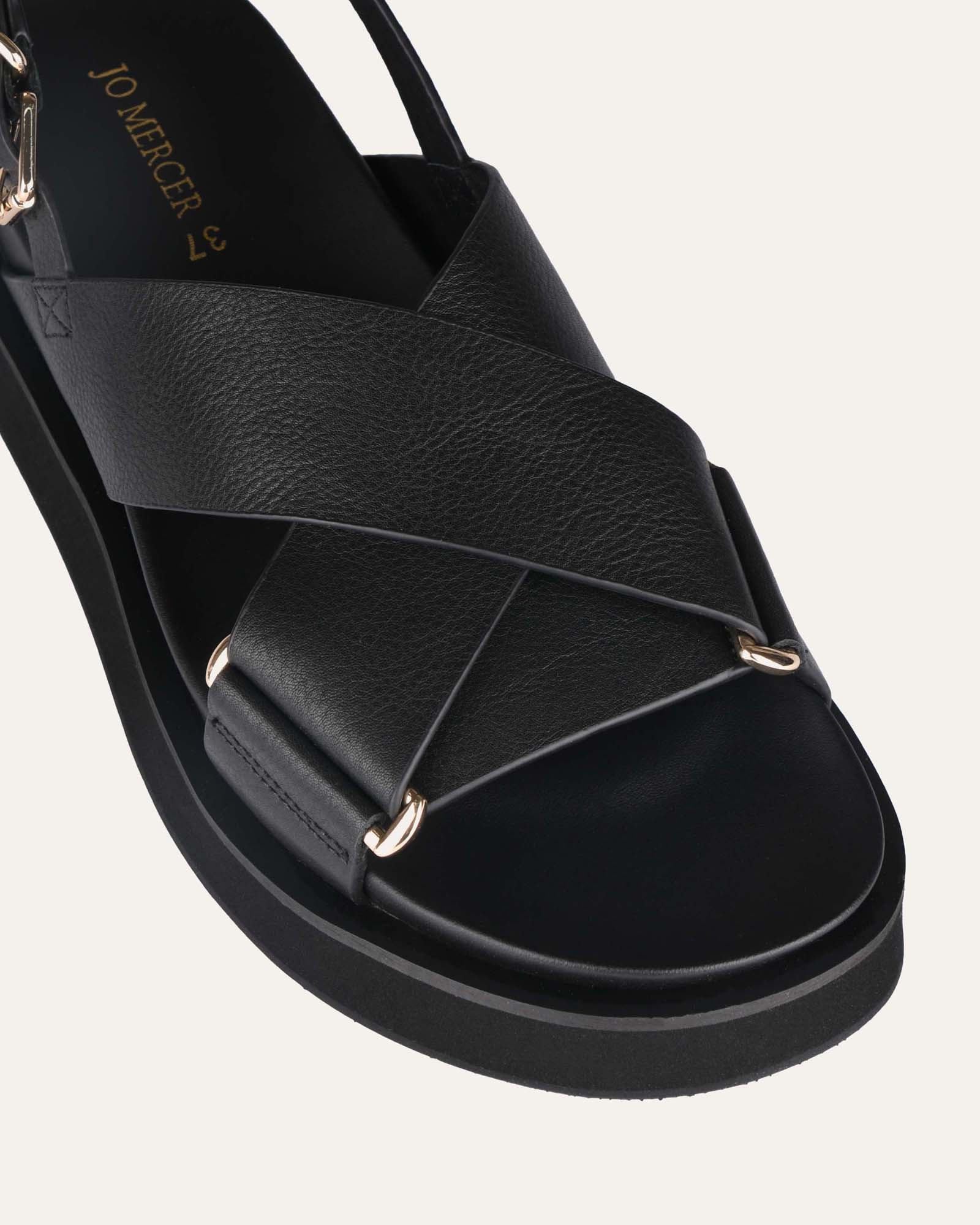 Marley Flat Sandals for Women - Black Leather Comfortable Slip-On Sandals for Beach, Vacation & Casual Wear