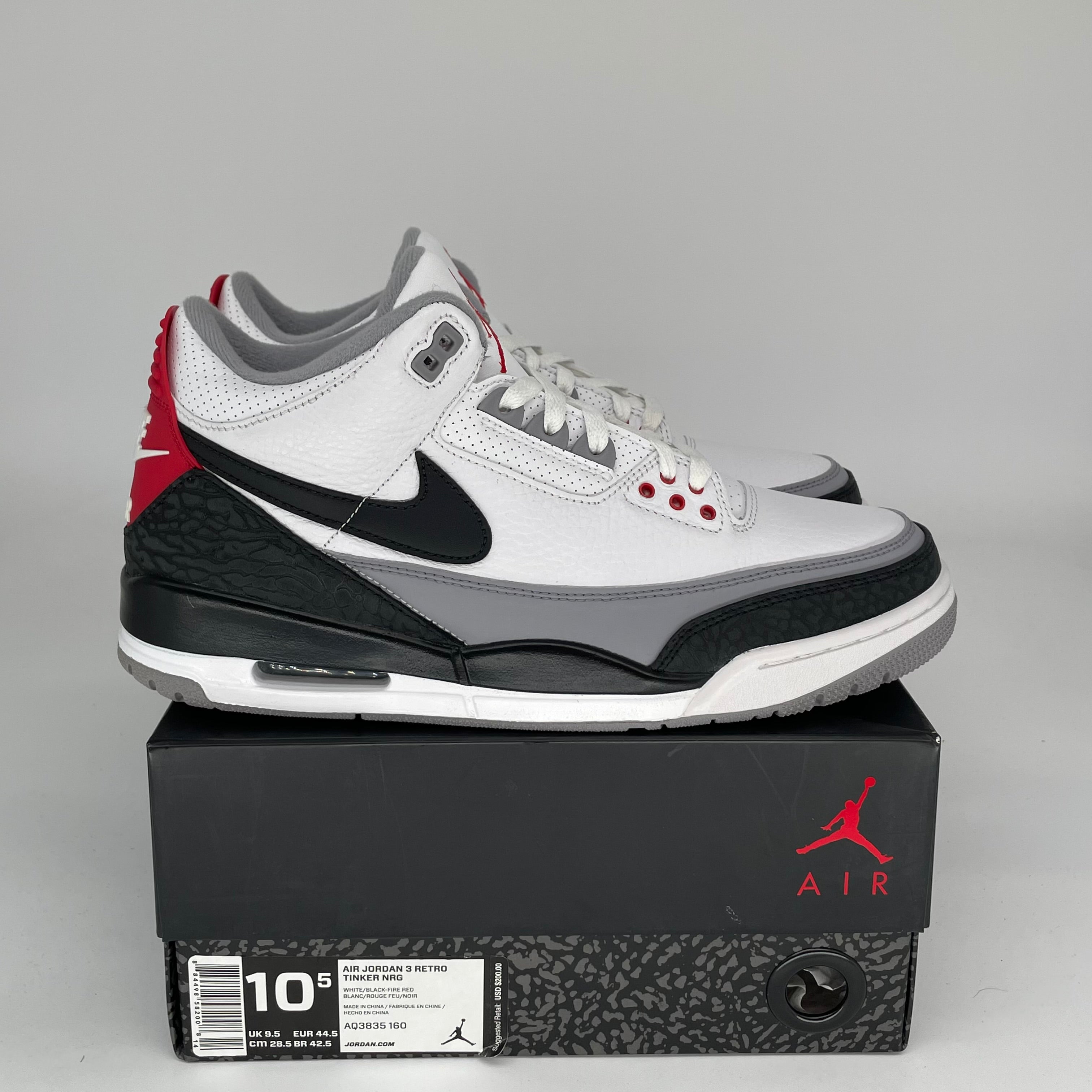 AIR JORDAN 3 TINKER HATFIELD Men's Basketball Shoes Size 10.5 White/Fire Red-Cement Grey AQ3835-160 - Perfect for Streetwear, Sneaker Collecting & Basketball Games