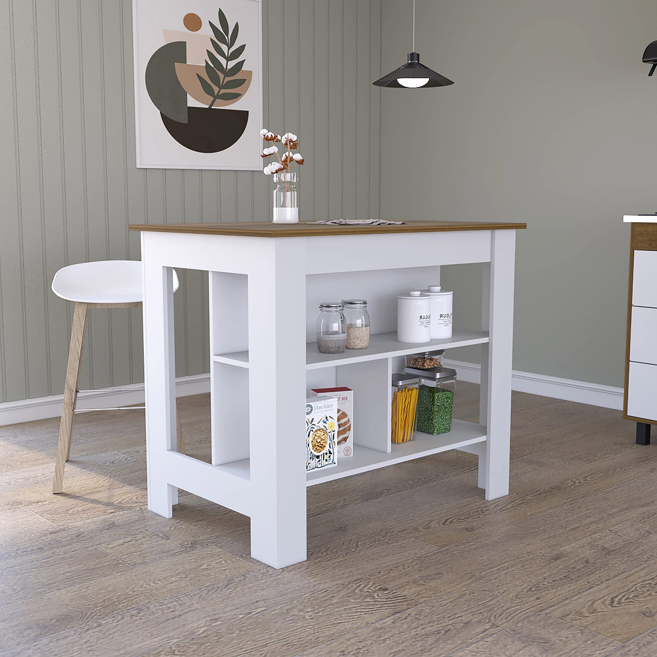 Tuhome Cala Kitchen Island with 3 Open Shelves & Stool Storage, White Walnut Finish - Modern Kitchen Cart with Storage for Small Spaces, Perfect for Apartments & Home Cooking
