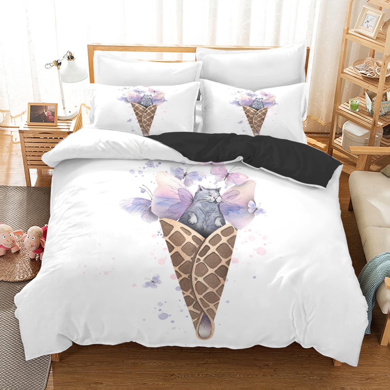 King Size Comforter Set - White Ice Cream Cat Design, 100g/㎡ Soft Microfiber, Includes Comforter + 2 Pillow Covers (20x26), Perfect for Bedroom Decor, Kids Room, Teens Room & Cozy Home Styling