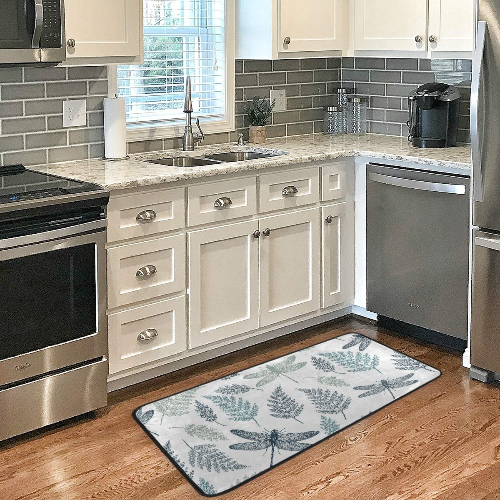 Susiyo Anti-Fatigue Kitchen Mat - Non-Slip, Oil & Stain Resistant, Easy to Clean Indoor/Outdoor Floor Rug with Fern & Dragonfly Design - Perfect for Kitchen, Bathroom, Entryway & High-Traffic Areas