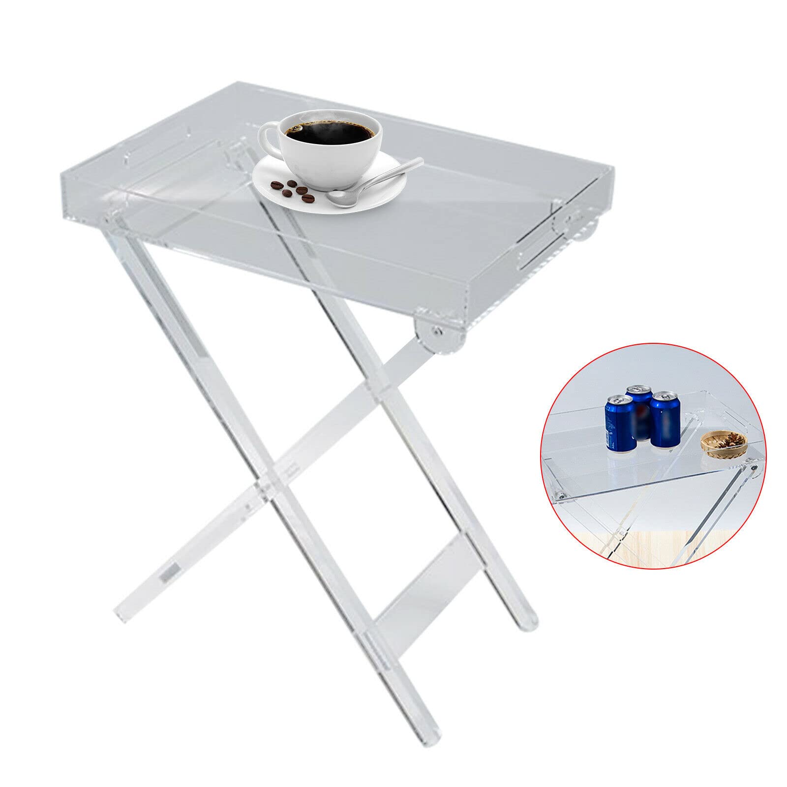 Clear Acrylic Folding Tray Table - Modern Transparent X-Leg Side Table for Coffee, Snacks & Serving (11.81