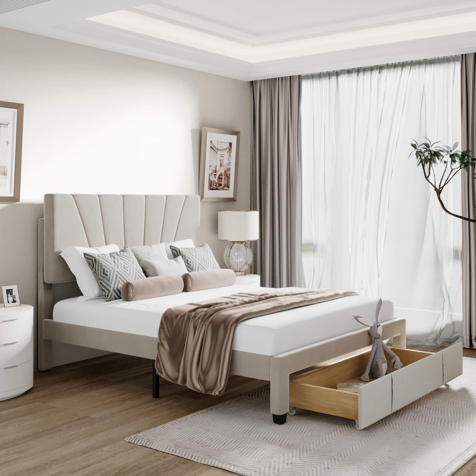 Elegant Queen Platform Bed with Storage - Velvet Headboard & Wood Slats for Bedroom (Beige)