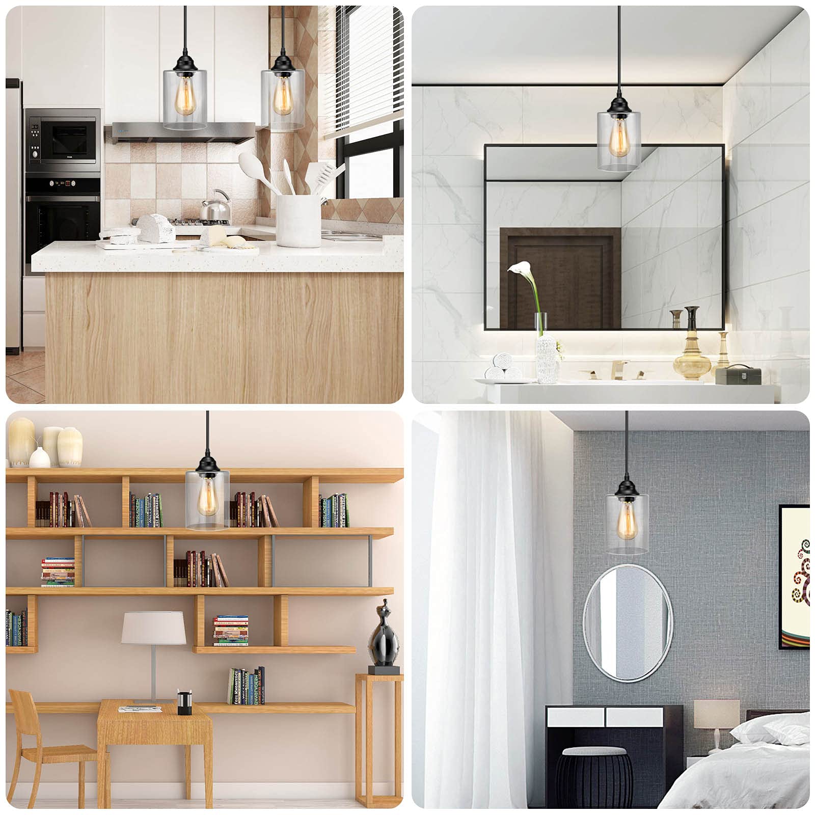 1-Light Plug in Pendant Glass Hanging Light - Industrial Mini Pendant Lighting with Glass Shade - Adjustable Farmhouse Hanging Lamp with Plug in Cord - Black Pendant Lighting for Kitchen Island, Dining Room, Bar Counter & Bedroom