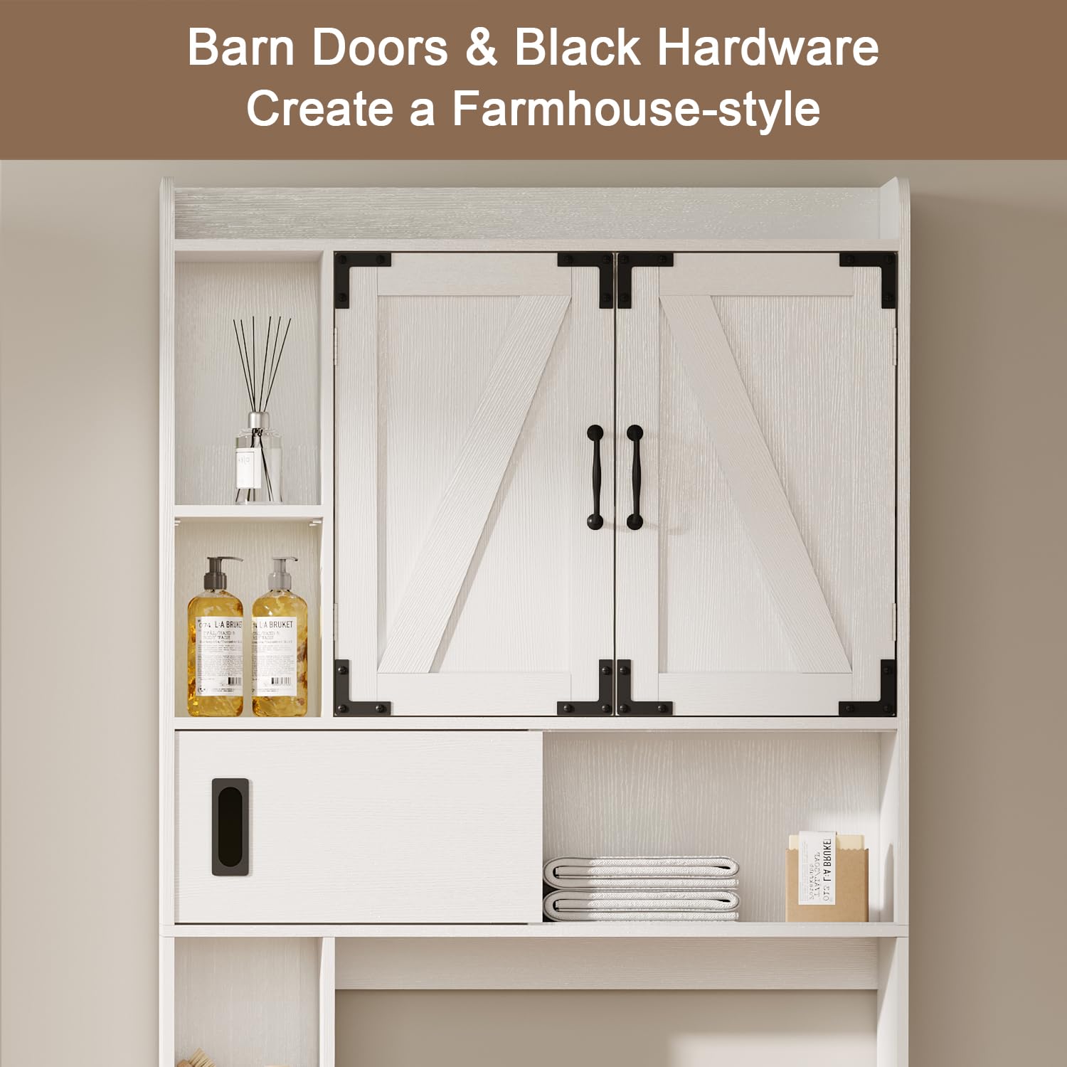 Farmhouse Over The Toilet Storage Cabinet with Sliding Barn Doors - White Bathroom Organizer with Adjustable Shelves & Drawer - Space Saving Solution for Towels, Toiletries and Bathroom Essentials