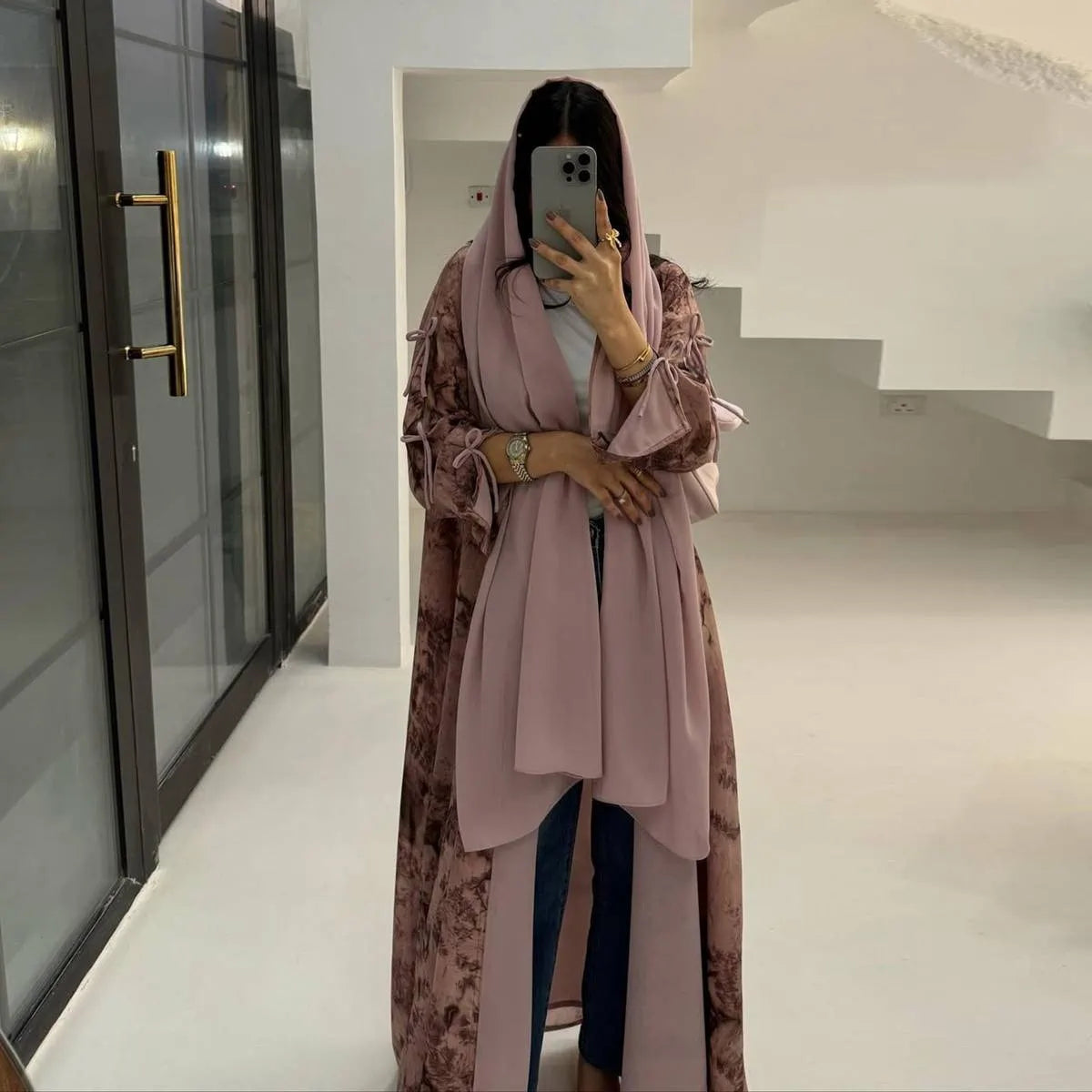 Elegant Printed Chiffon Hijab Cardigan Open Abaya Dress #25181 - Perfect for Modest Fashion, Prayer, and Special Occasions