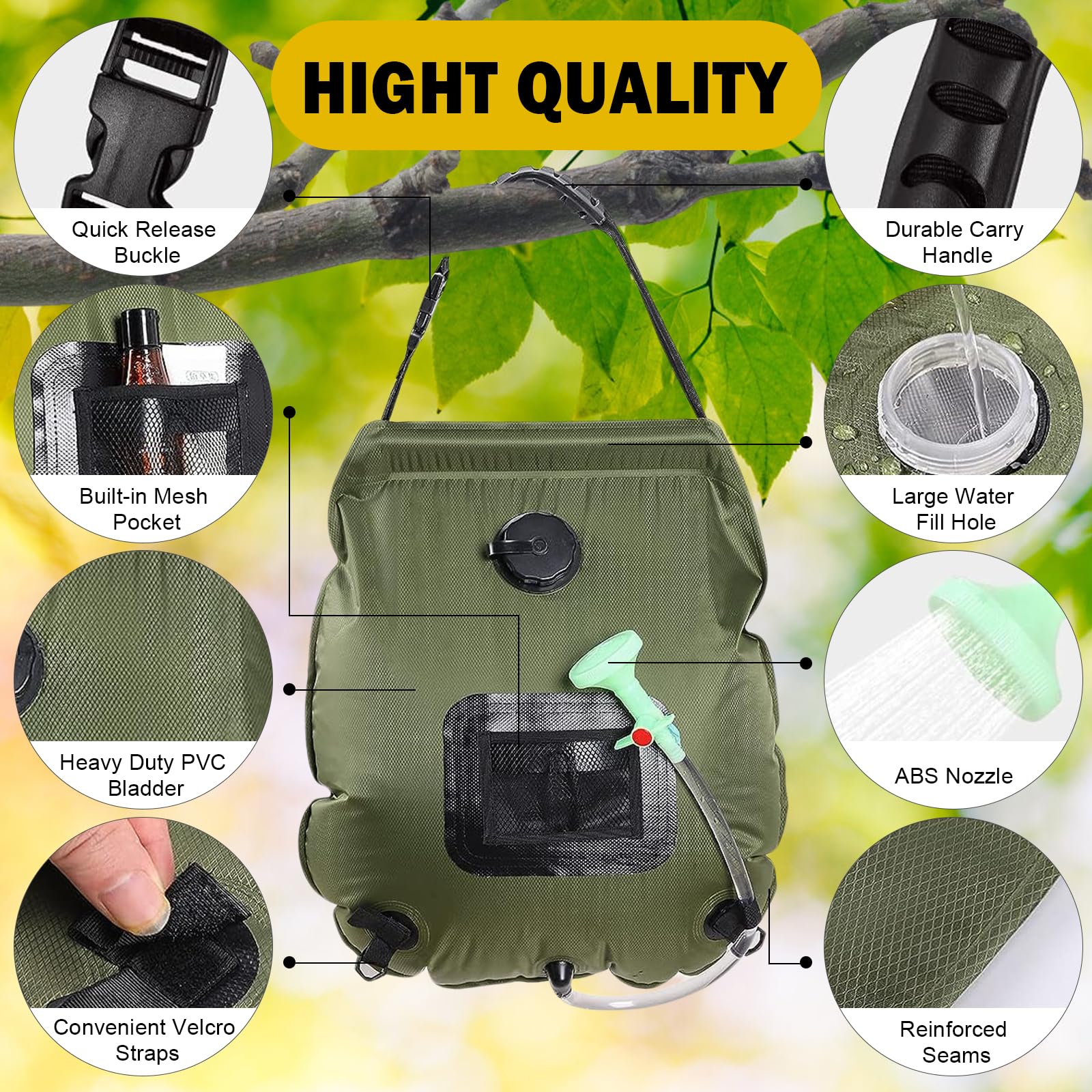 5 Gallon Solar Shower Bag - 20L Portable Camping Shower with Removable Hose & On/Off Switchable Shower Head - Perfect for Beach Swimming, Hiking, RV Trips and Outdoor Adventures - Lightweight Travel Shower for Campers & Backpackers