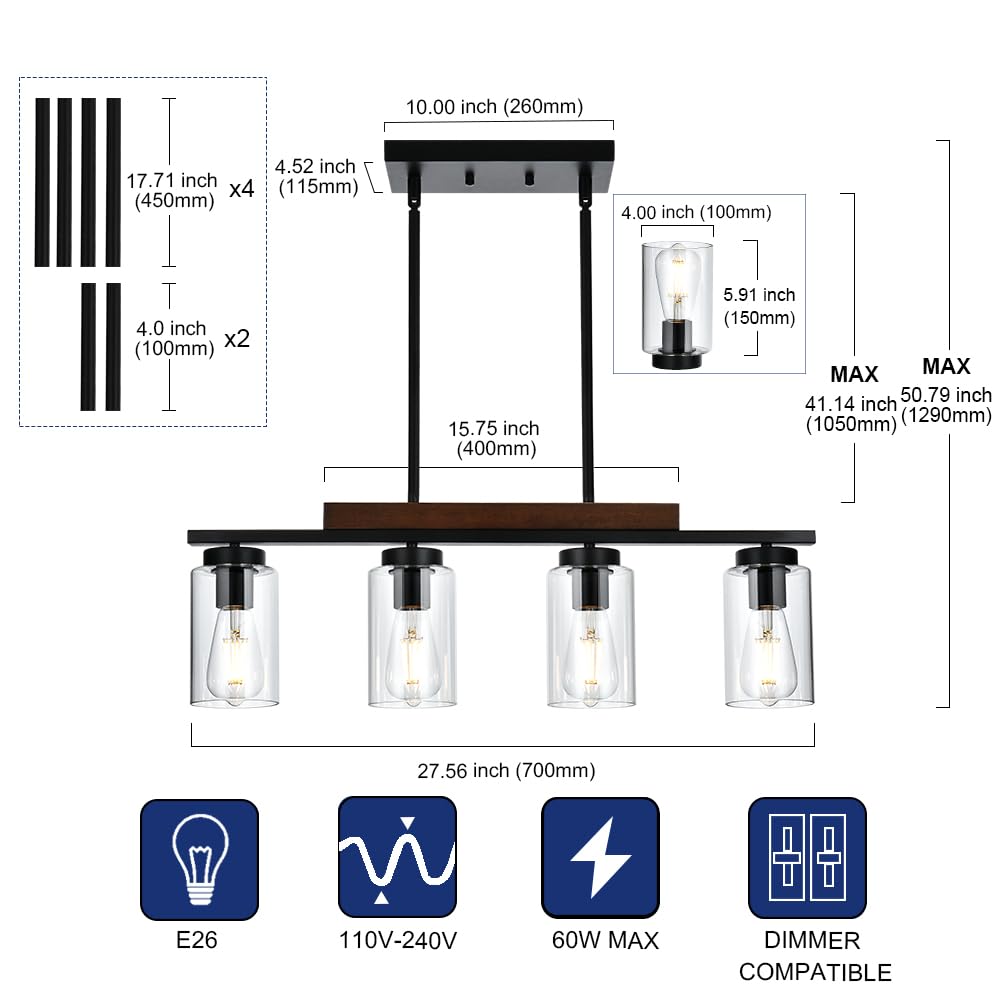 4-Lights Farmhouse Pendant Lighting Fixture - Modern Black Kitchen Island Chandelier with Clear Glass Shades & Wood Frame - Perfect for Dining Room, Kitchen Island, Bar Counter, and Farmhouse Decor