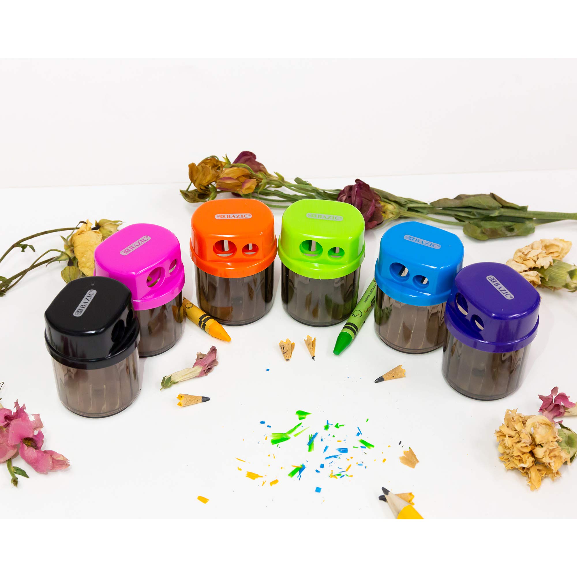 BAZIC Dual Blade Pencil Sharpener with Receptacle - Works with Standard & Jumbo Pencils, Crayons - 24-Pack for Office, School, Art Class & Home Use