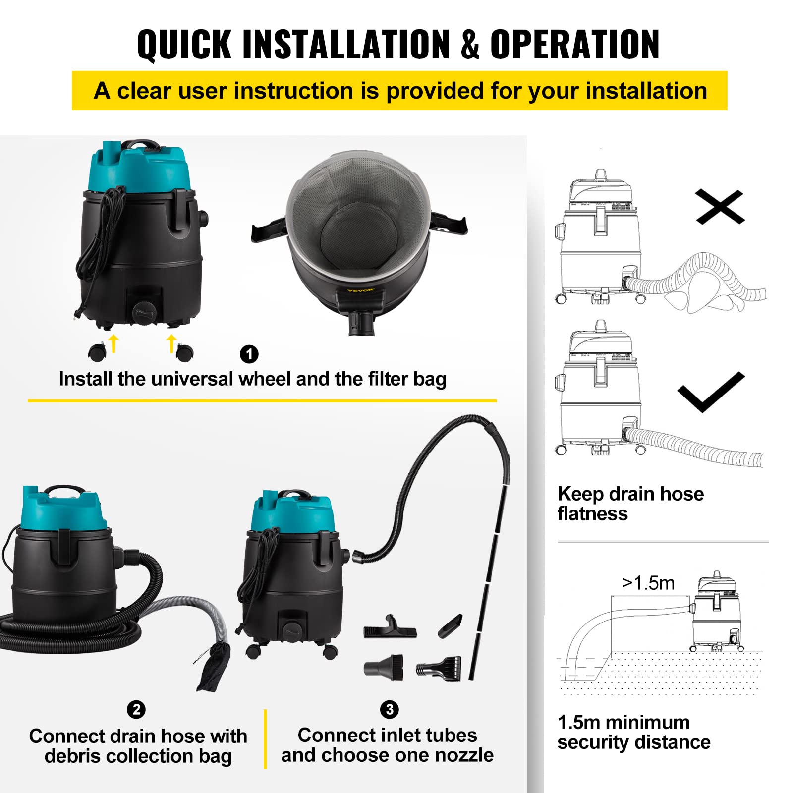 VEVOR 1400W Powerful Pond Vacuum Cleaner with 13ft Intake Hose, 4 Extension Tubes, 15ft Power Cord, 4 Brush Heads & Nozzles - Ideal for Garden Pond Cleaning, Water Feature Maintenance, and Koi Fish Tank Cleaning