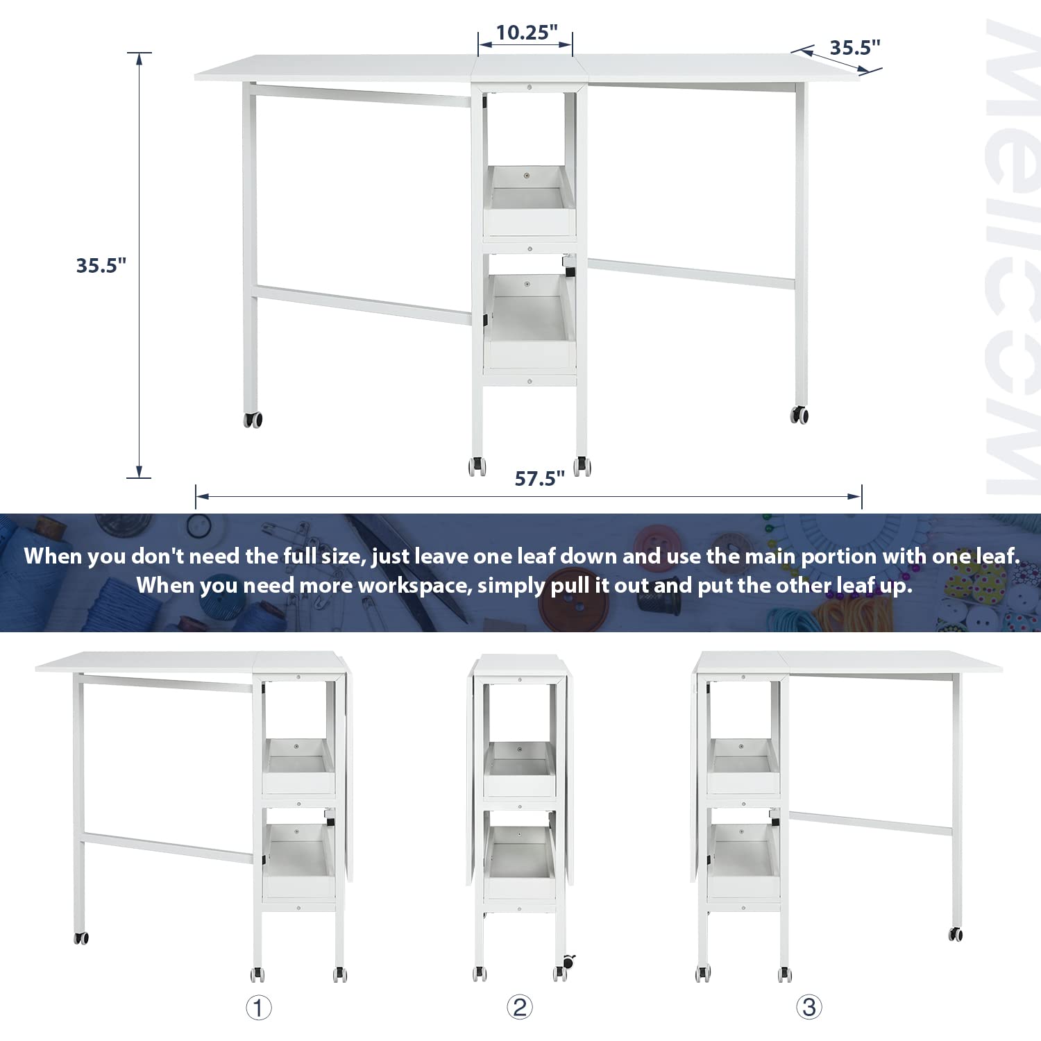 MELLCOM Mobile Folding Craft Table with Storage Shelves - 35.5in Height Adjustable Sewing Table for Fabric Cutting, DIY Projects & Home Office - Perfect for Sewing Rooms, Craft Rooms & Small Spaces