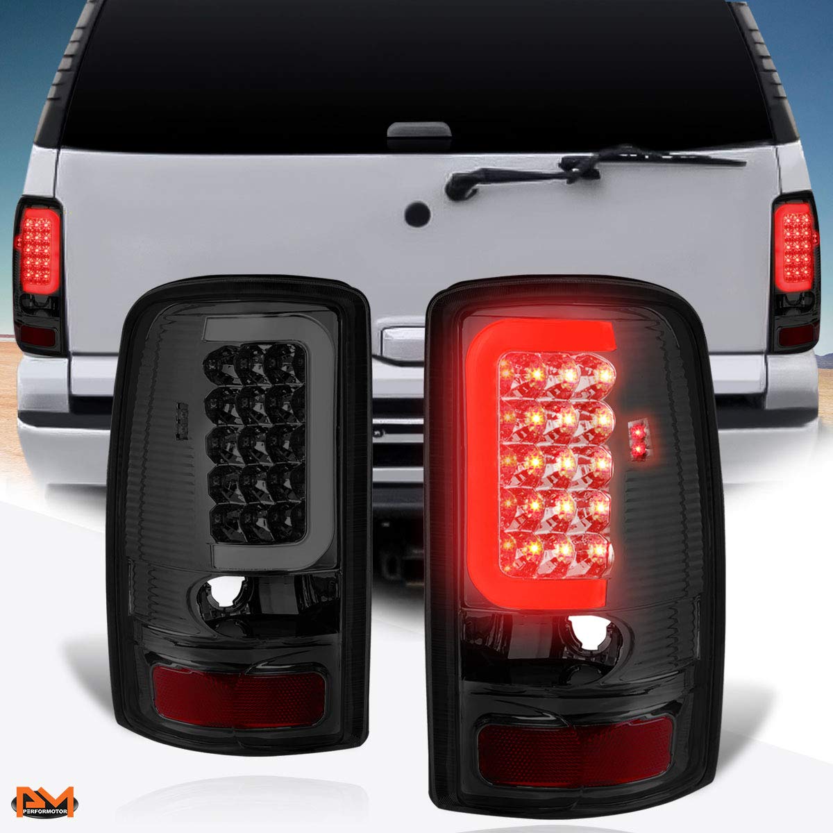 PM PERFORMOTOR C-Shape 3D LED Tail Lights Brake Lamps Assembly for 00-06 Chevy Tahoe & GMC Yukon - Chrome Housing with Smoked Lens - Upgrade Your Ride for Better Visibility & Style