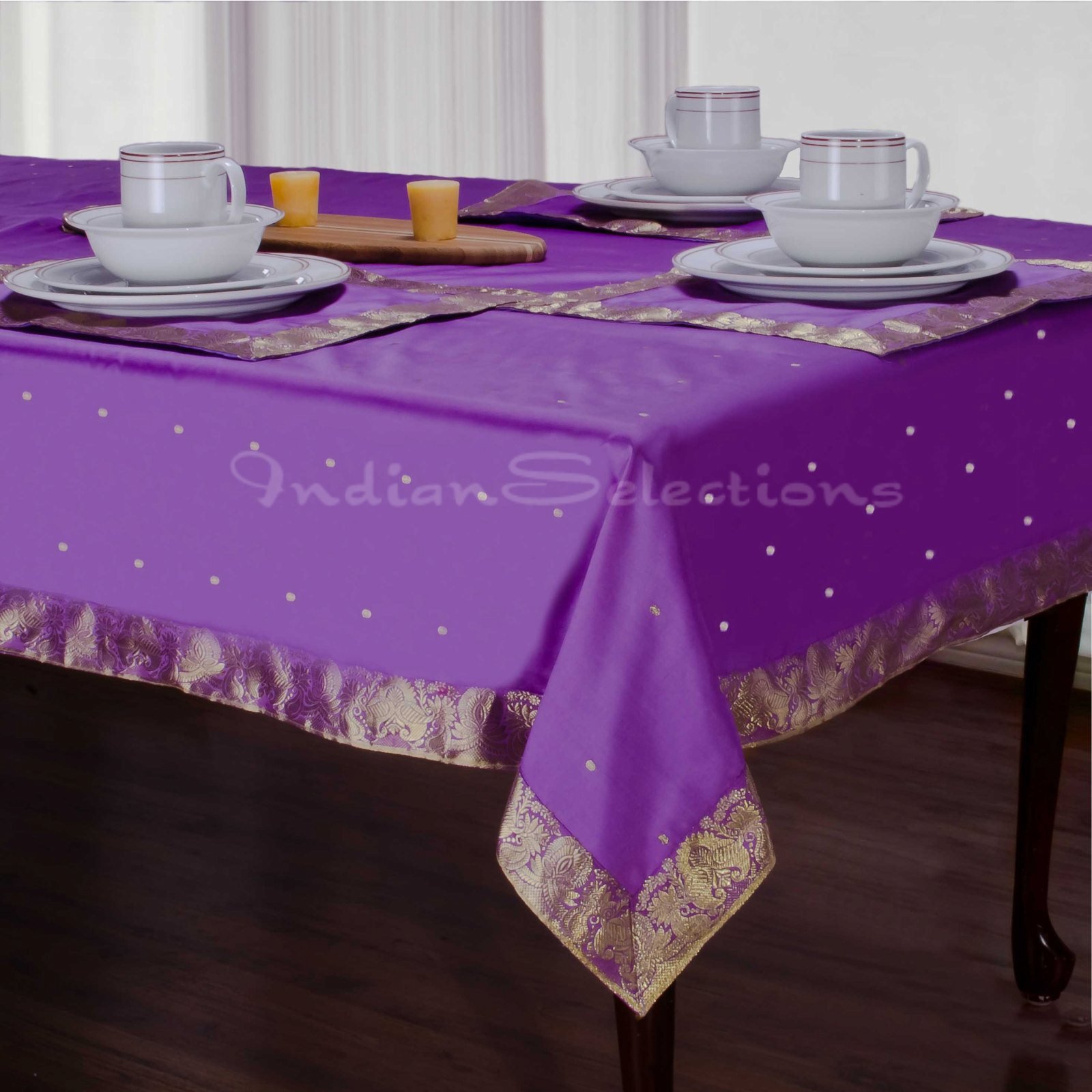 Handmade Lavender Sari Fabric Rectangular Tablecloth with Golden Paisley Borders - Authentic Indian Home Decor for Dining Room, Weddings & Festive Celebrations - 52