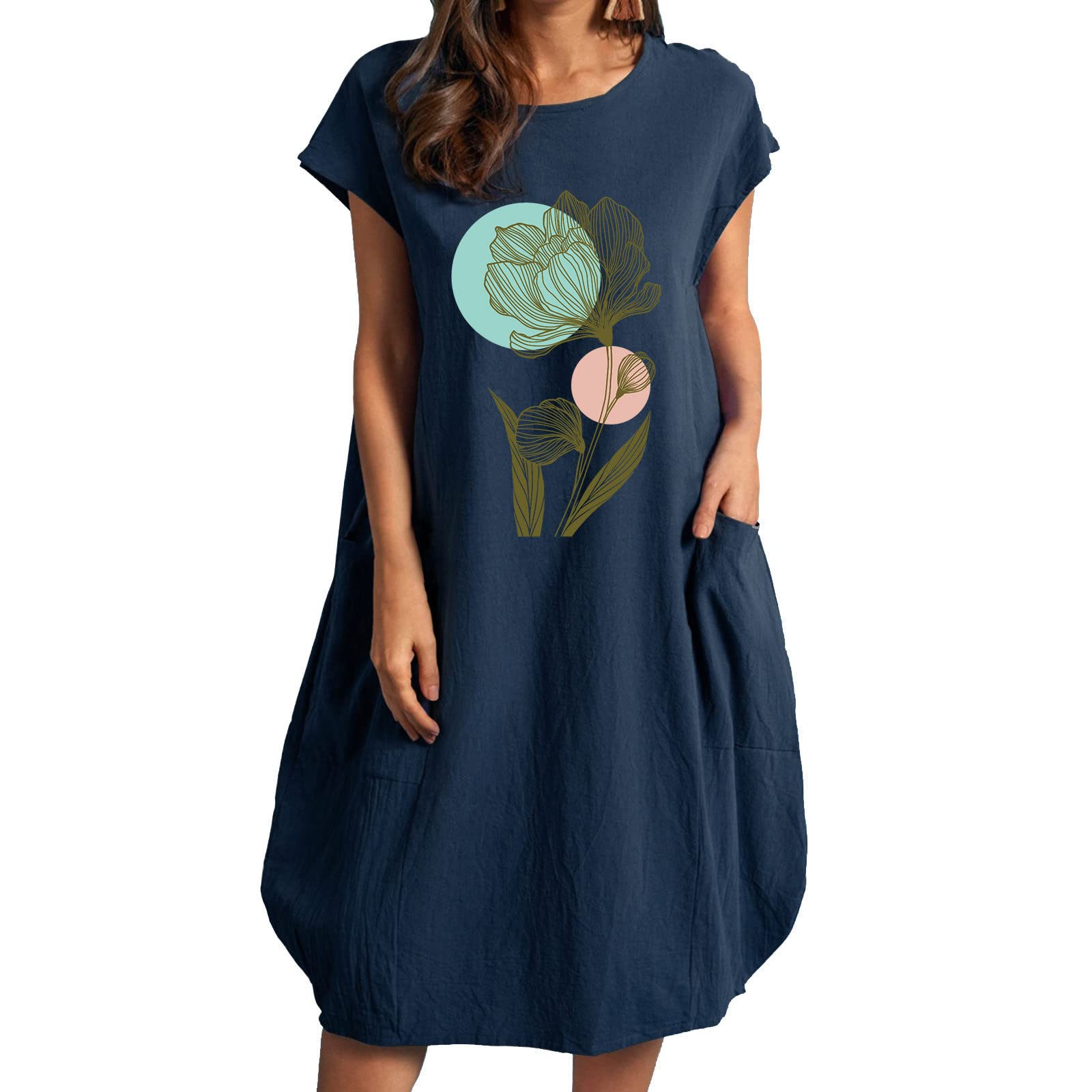 Anjikang Women's Summer Floral Print Shift Dress - Casual Crewneck Cap Sleeve T-Shirt Dress with Pockets, Loose Fit Midi Kaftan for Beach, Vacation & Everyday Wear
