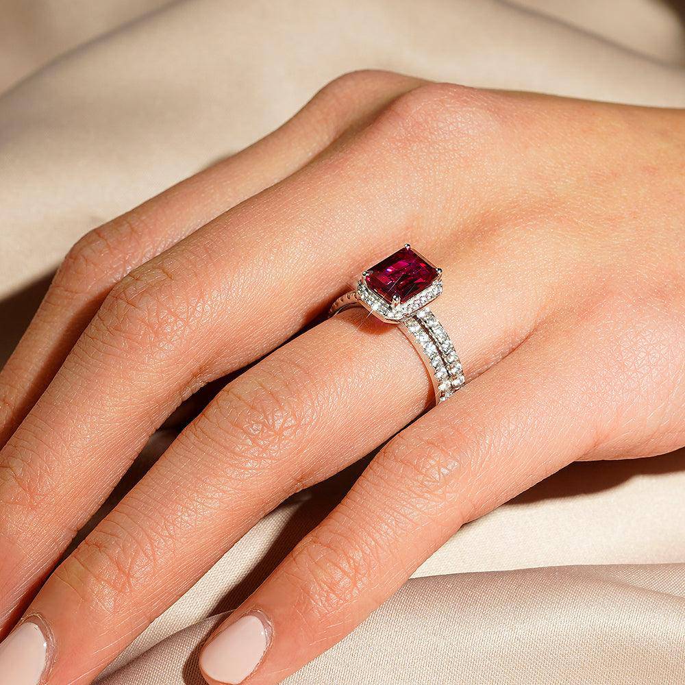 2 CT. Emerald Cut Lab-Grown Ruby Engagement Ring Set with Matching Wedding Band - Perfect for Proposals, Anniversaries & Bridal Jewelry