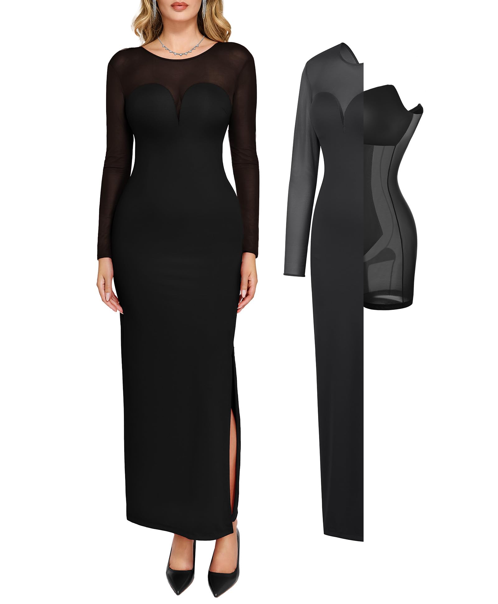Popilush Women's Long Sleeve Mesh Shapewear Maxi Dress - Slim Fit Bodycon Prom Gown for Wedding, Party & Fall Events | Elegant Evening Formal Wear with Built-in Shape Control