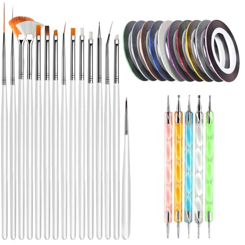 Syorica Professional Nail Art Kit - 15Pcs Nail Brushes, 5Pcs Dotting Tools, 10Pcs Nail Tapes for DIY Manicure & Nail Design - Perfect for Home Salon, Party Nails, and Gift Giving