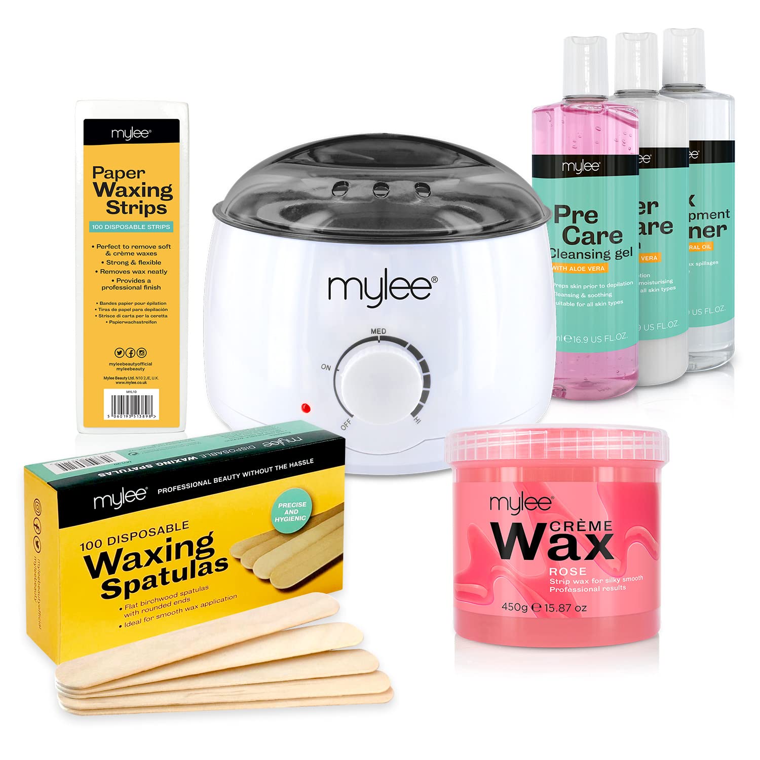 Professional Mylee Salon Waxing Kit with Wax Heater, Rose Wax, Strips & Spatulas - Includes Pre/Post Care Lotion & Cleaner for Smooth Hair Removal - Perfect for Home Waxing & Salon Treatments (Rose Wax Kit)