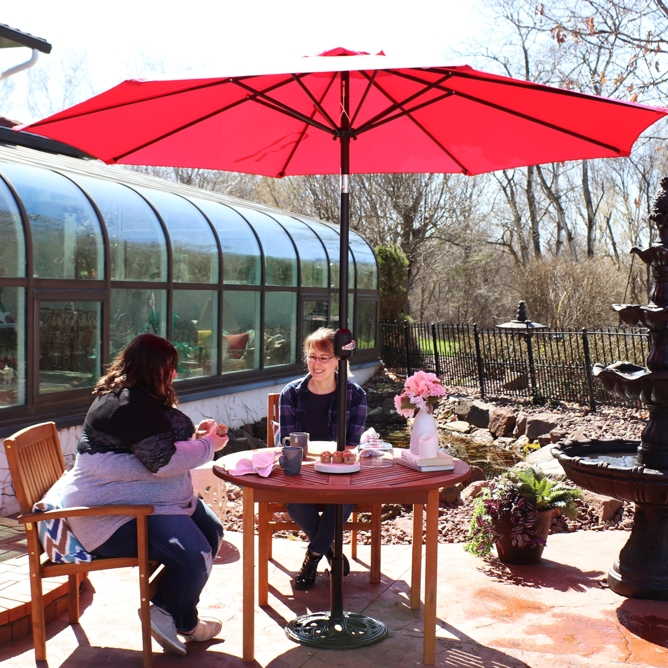 Sunnydaze 9 ft Outdoor Patio Umbrella with Push-Button Tilt & Crank - Heavy Duty 8-Rib Polyester Market Umbrella for Table - Sun Shade for Backyard, Poolside & Outdoor Dining - Red