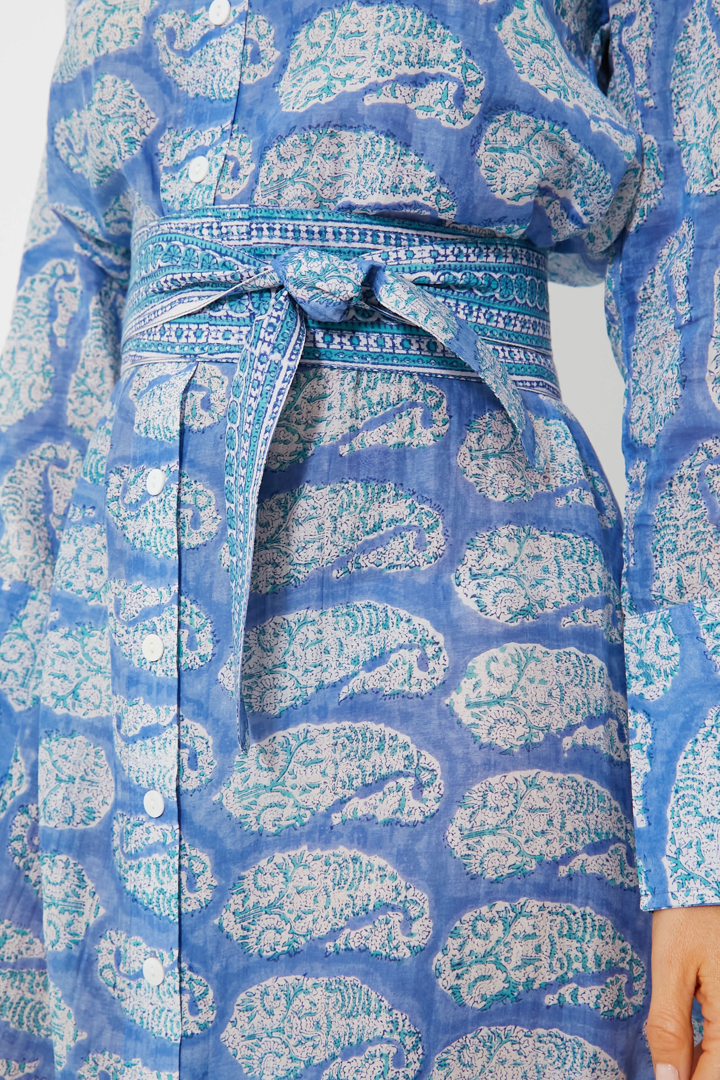 Blue Turquoise Paisley Print Oversized Maxi Shirt Dress for Women | Boho Chic Beach Cover-Up & Summer Casual Outfit