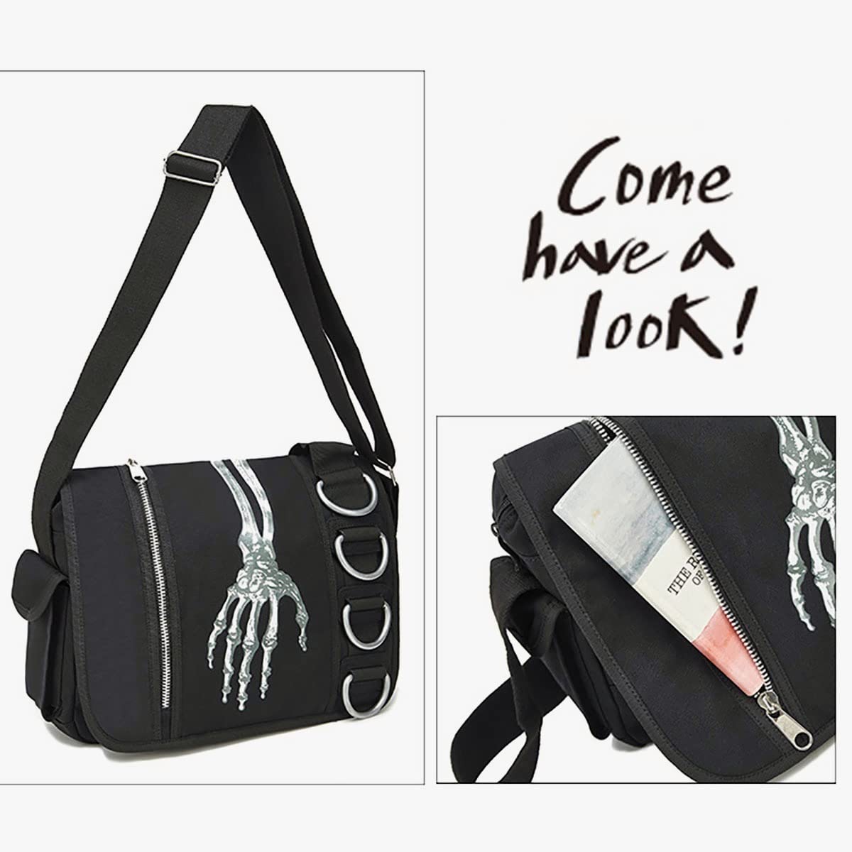 Goth Grunge Backpack - Y2K Fashion Skull Hooded Backpack | Gothic Black Shoulder Bag & Messenger Bag for Women & Men | Perfect for School, Travel, and Alternative Fashion Lovers