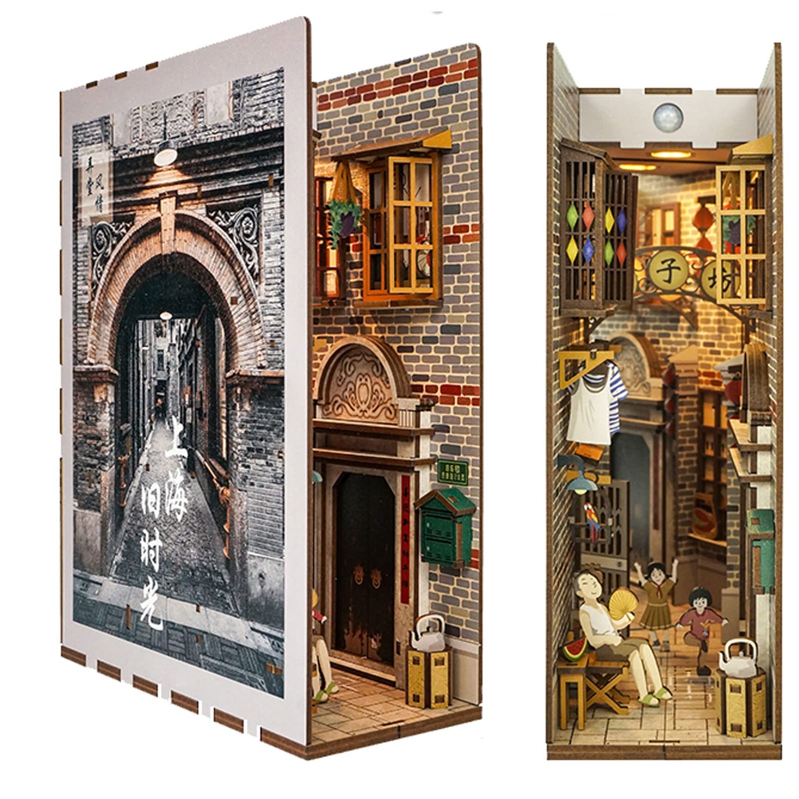 DIY Wooden Book Nook Kit - 3D Puzzle Model with LED Induction Light | Children's Bookshelf Decor, Luxury Bookends & Art Ornaments (Old Time Shanghai Style) | Perfect for Home Library, Study Room & Gift Giving