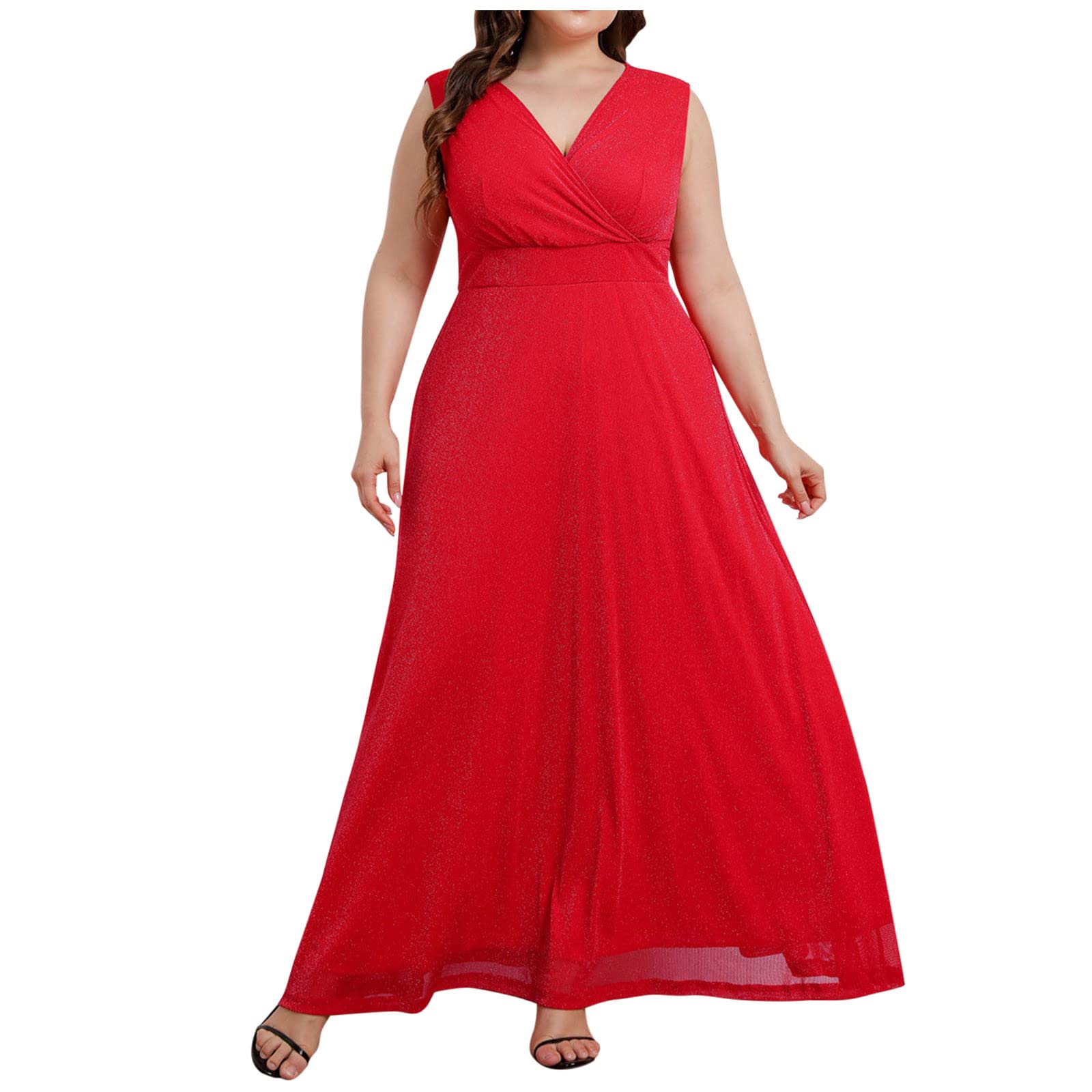FAVIPT Plus Size Women's Sexy V-Neck Backless Maxi Dress - Sleeveless Flowy Long Party Dress for Wedding Guest, Evening Events & Special Occasions