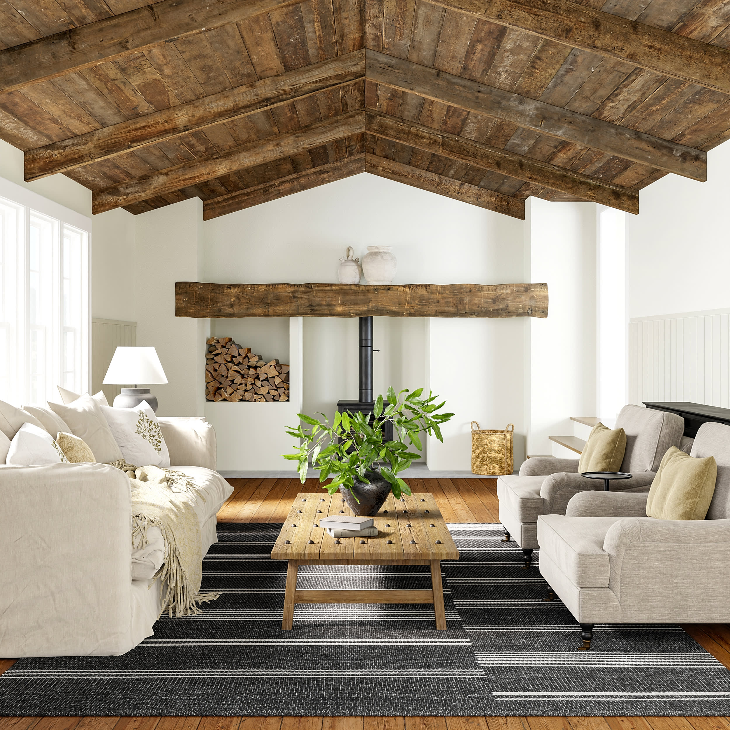 Reversible Striped Wool Rug - Dark Grey & Natural Birchwood | Soft & Durable for Living Room, Bedroom, or Office Decor