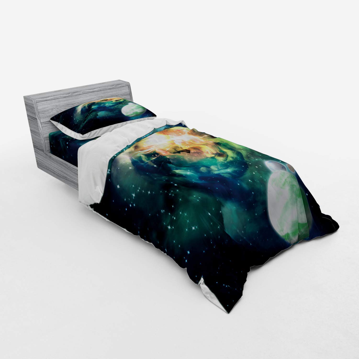 Ambesonne Space Duvet Cover Set - Spiral Andromeda Galaxy with Planets, Mystical Cosmos Fantasy Bedding | 3-Piece Twin XL Set with Sham & Fitted Sheet in Teal Blue & Yellow | Perfect for Astronomy Lovers' Bedrooms & Space-Themed Decor