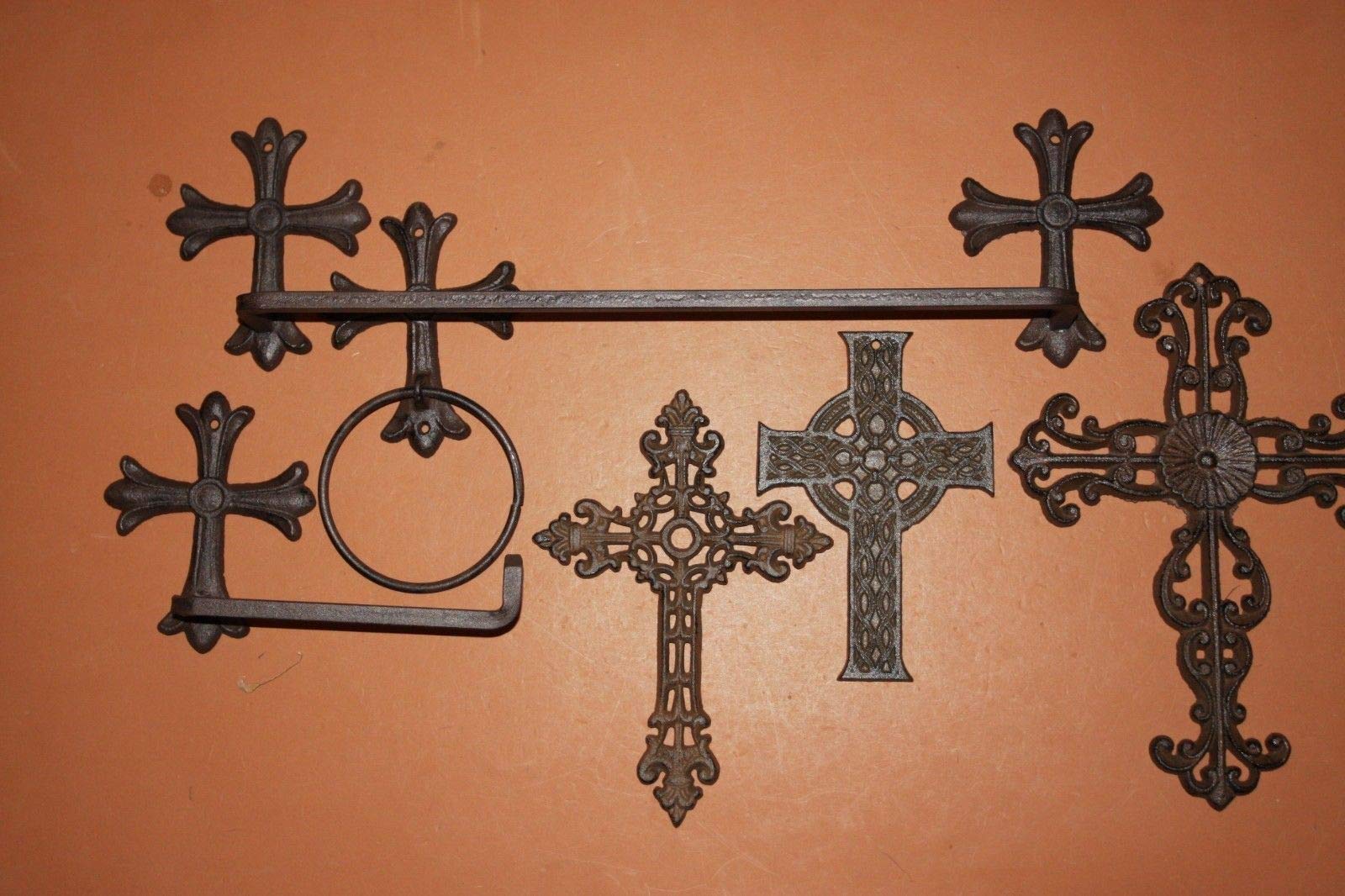 Southern Metal Cast Iron Spanish Mission Bathroom Decor Set - 6 Piece Towel Rack, Ring Holder & Wall Cross Bundle | Rustic Farmhouse Bathroom Accessories for Vintage Home Decor