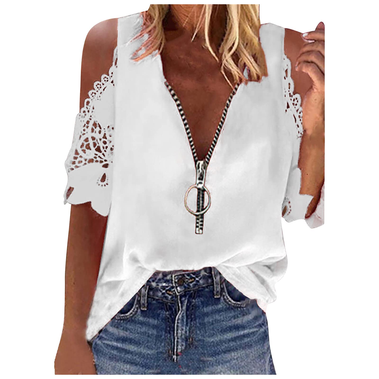 Women's Summer Cold Shoulder Tops - Short Sleeve V-Neck Zipper Hollow Out Blouses | Trendy Sexy Tee Shirts for Casual Wear, Date Night & Beach Outfits