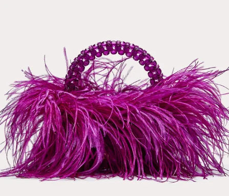 Handmade Designer Pearl Bead Bag with Feather Fur Trim - Elegant Acrylic Crystal Stone Evening Tote Clutch for Women | Perfect for Parties, Weddings & Special Occasions