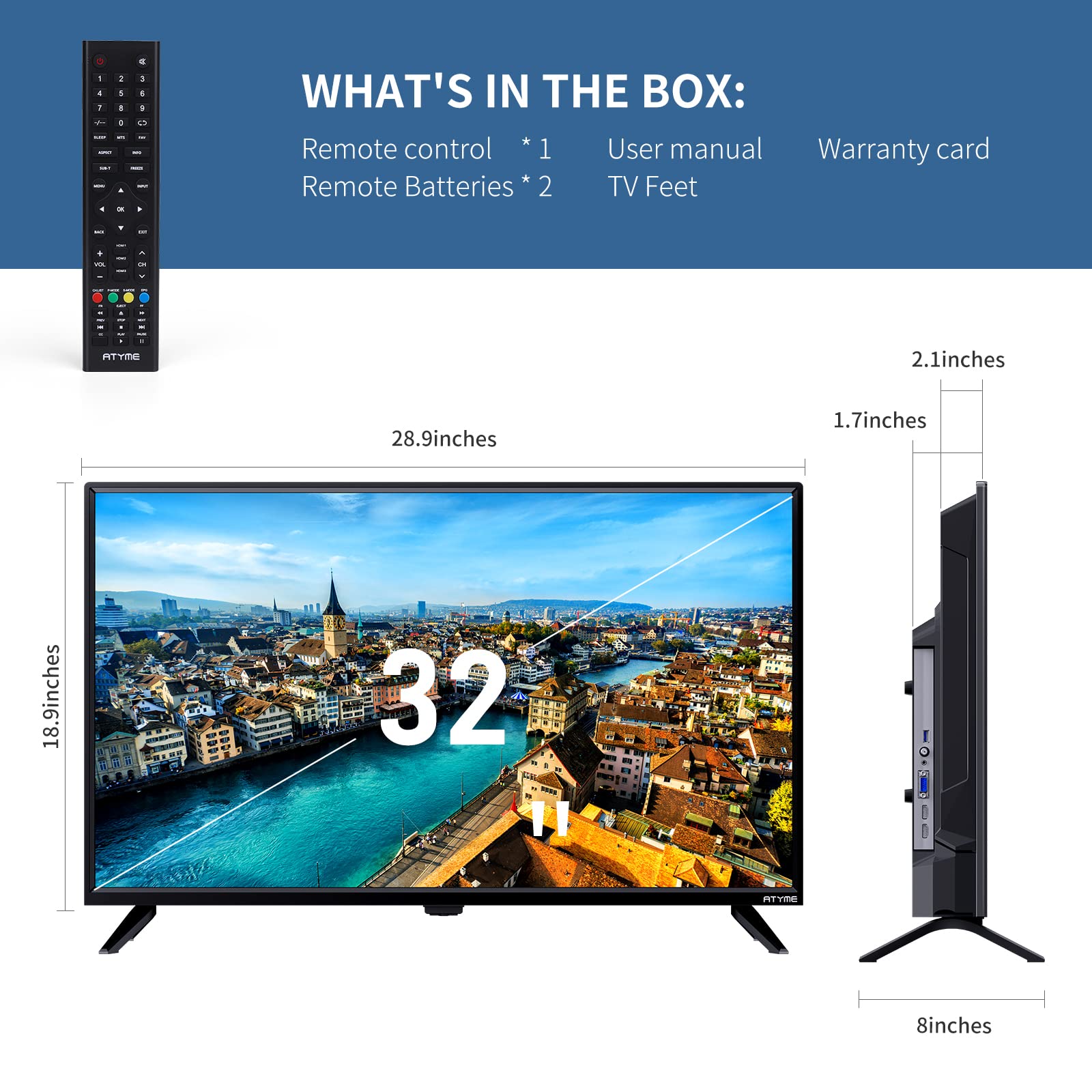 ATYME 32-inch 720p HD LED TV - Flat Screen Smart Television with 3 HDMI Ports, USB, VGA & ARC | Dual 8W Speakers for Bedroom, Kitchen or Dorm | Energy Efficient 60Hz Monitor (Model 320GM5HD)