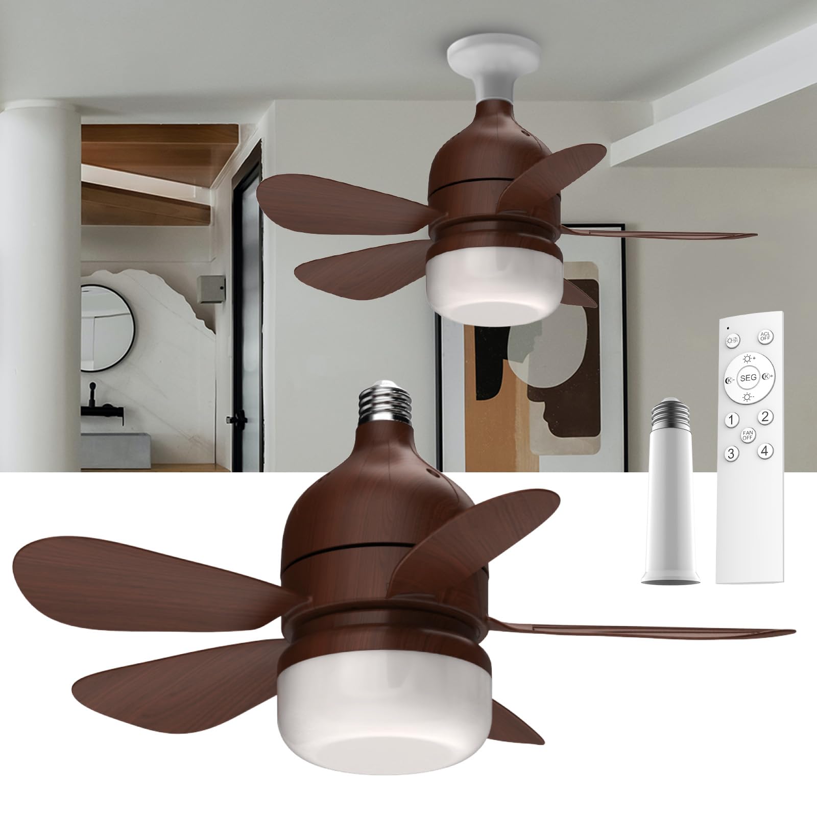 Socket Fan Light - Warm White Ceiling Fan with Remote Control, 1000 Lumens LED Bulb Replacement for Bedroom, Kitchen & Living Room - Perfect for Ambient Lighting and Air Circulation